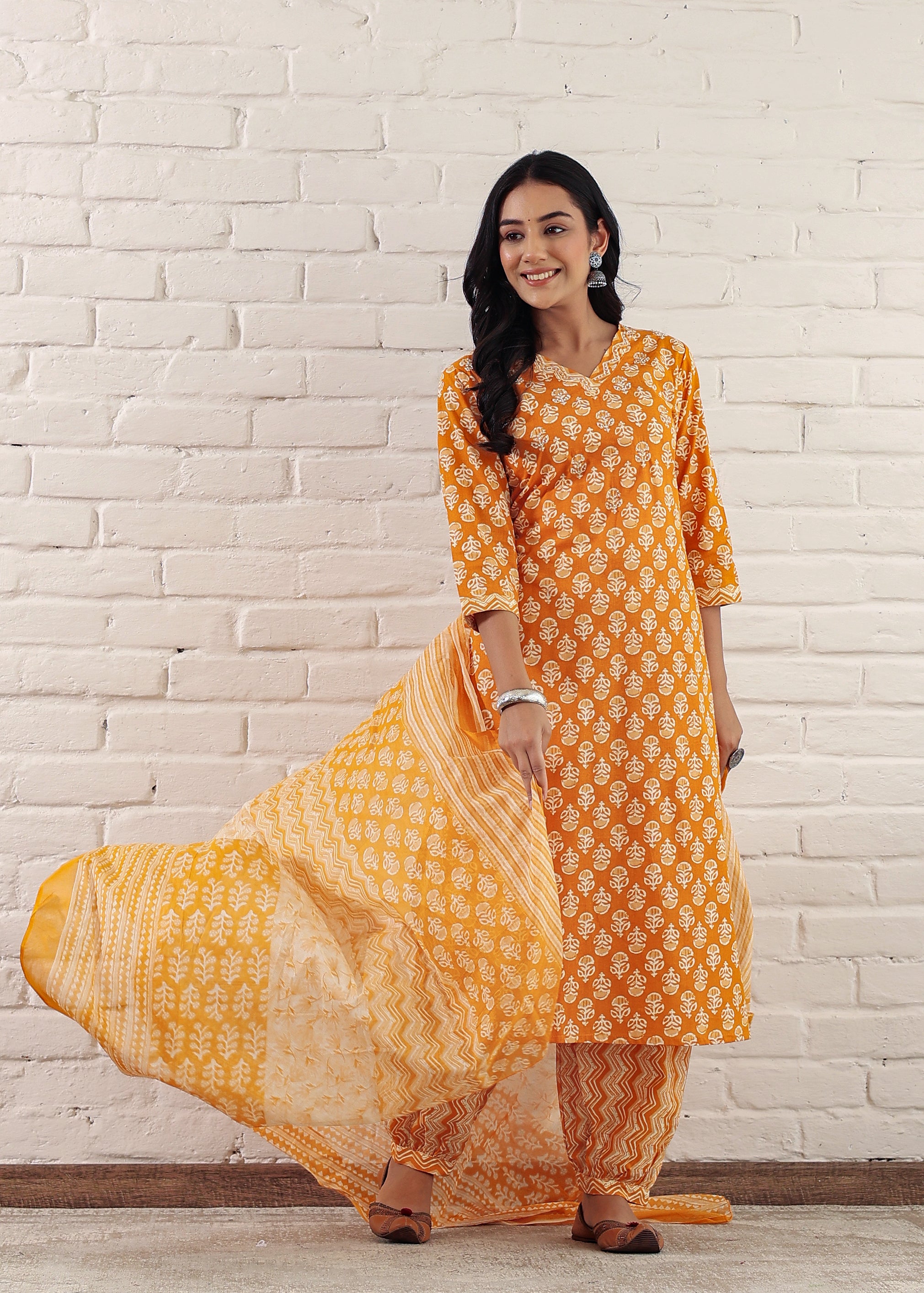 Yellow Sanganeri Printed Cotton Kurta Pant and Dupatta Set