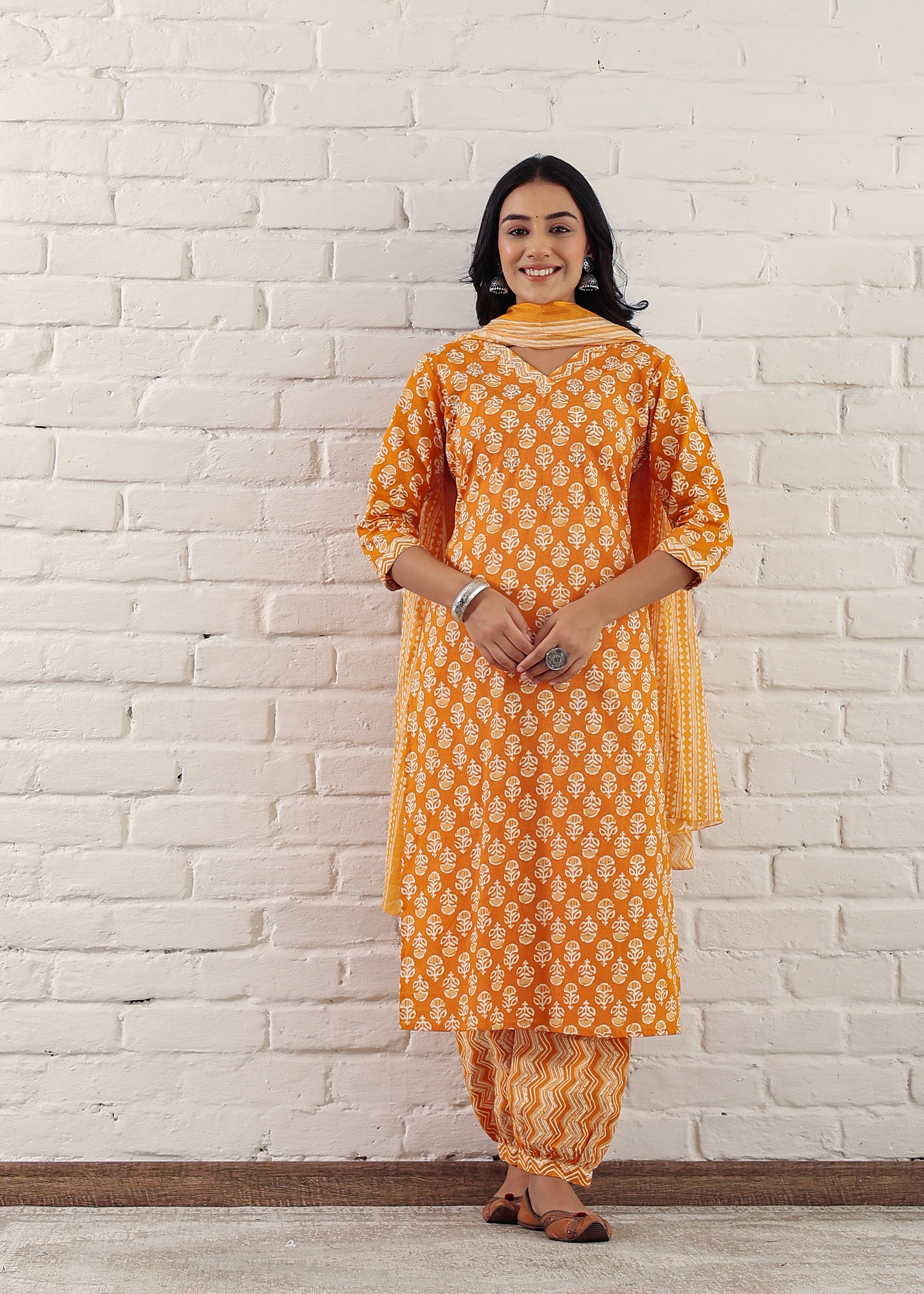 Yellow Cotton Sanganeri Printed Kurta Set with Dupatta