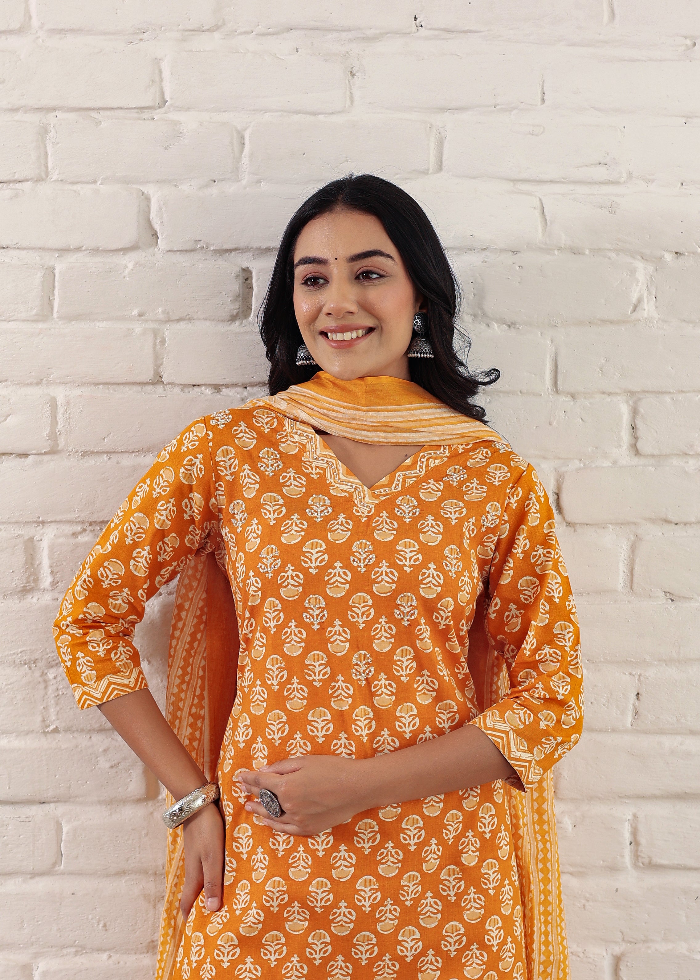 Yellow Sanganeri Printed Cotton Kurta Pant and Dupatta Set