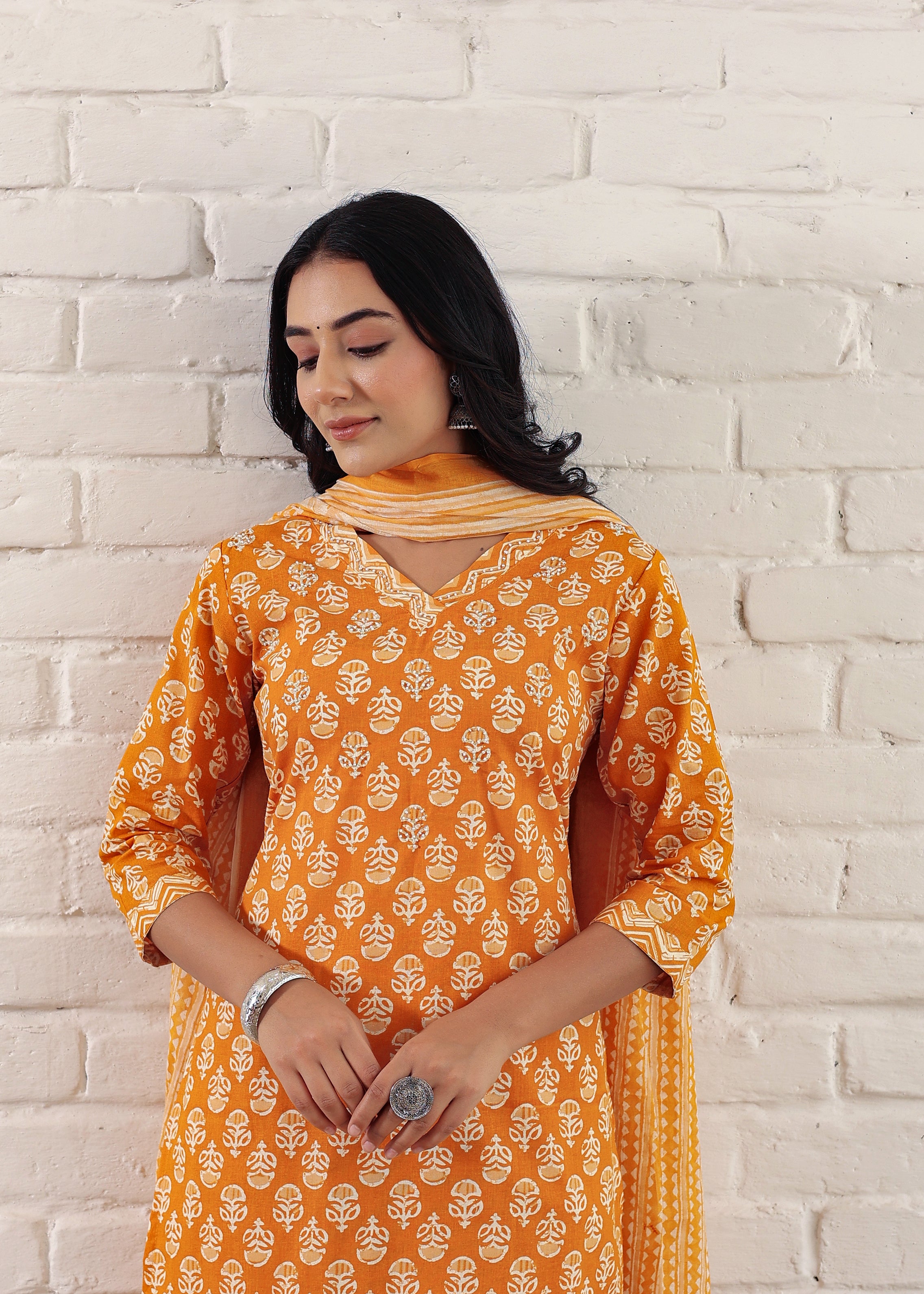 Yellow Sanganeri Printed Cotton Kurta Pant and Dupatta Set