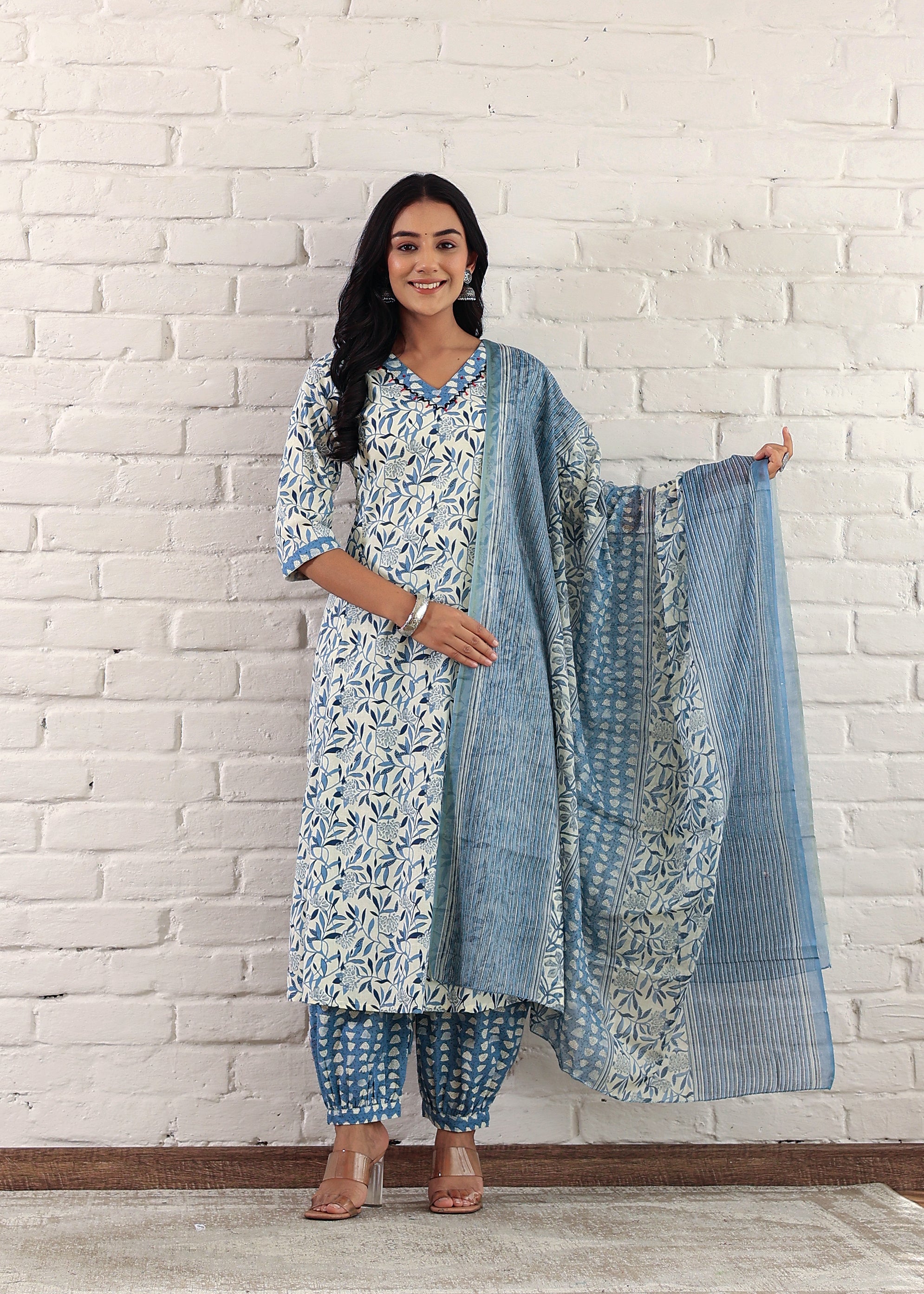 Plus Size Blue A-Line Cotton Printed, Hand Embroidery Kurta Set