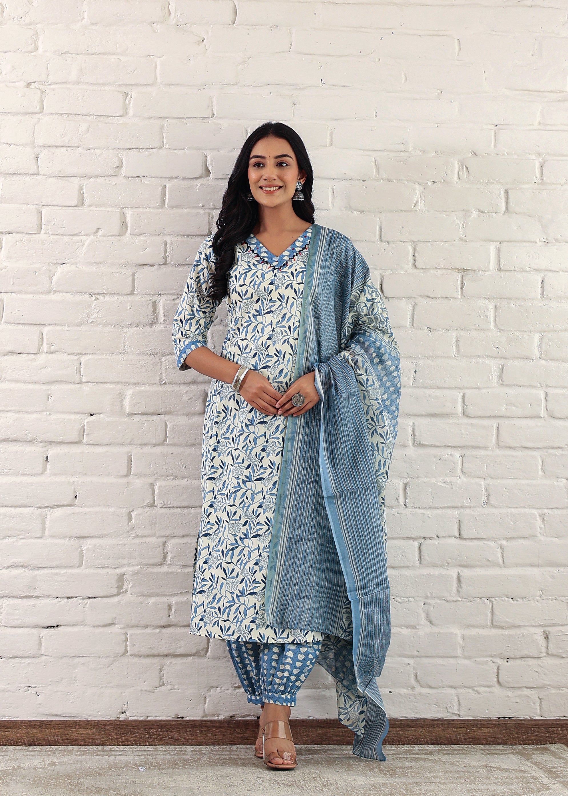 Plus Size Blue A-Line Cotton Printed, Hand Embroidery Kurta Set