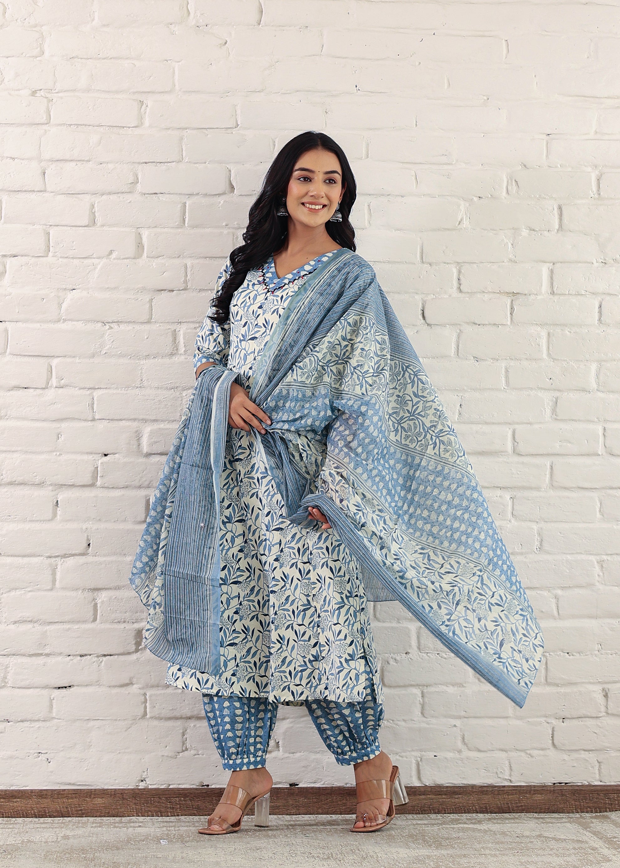 Blue Plus Size Cotton Printed Kurta Pant and Dupatta Set