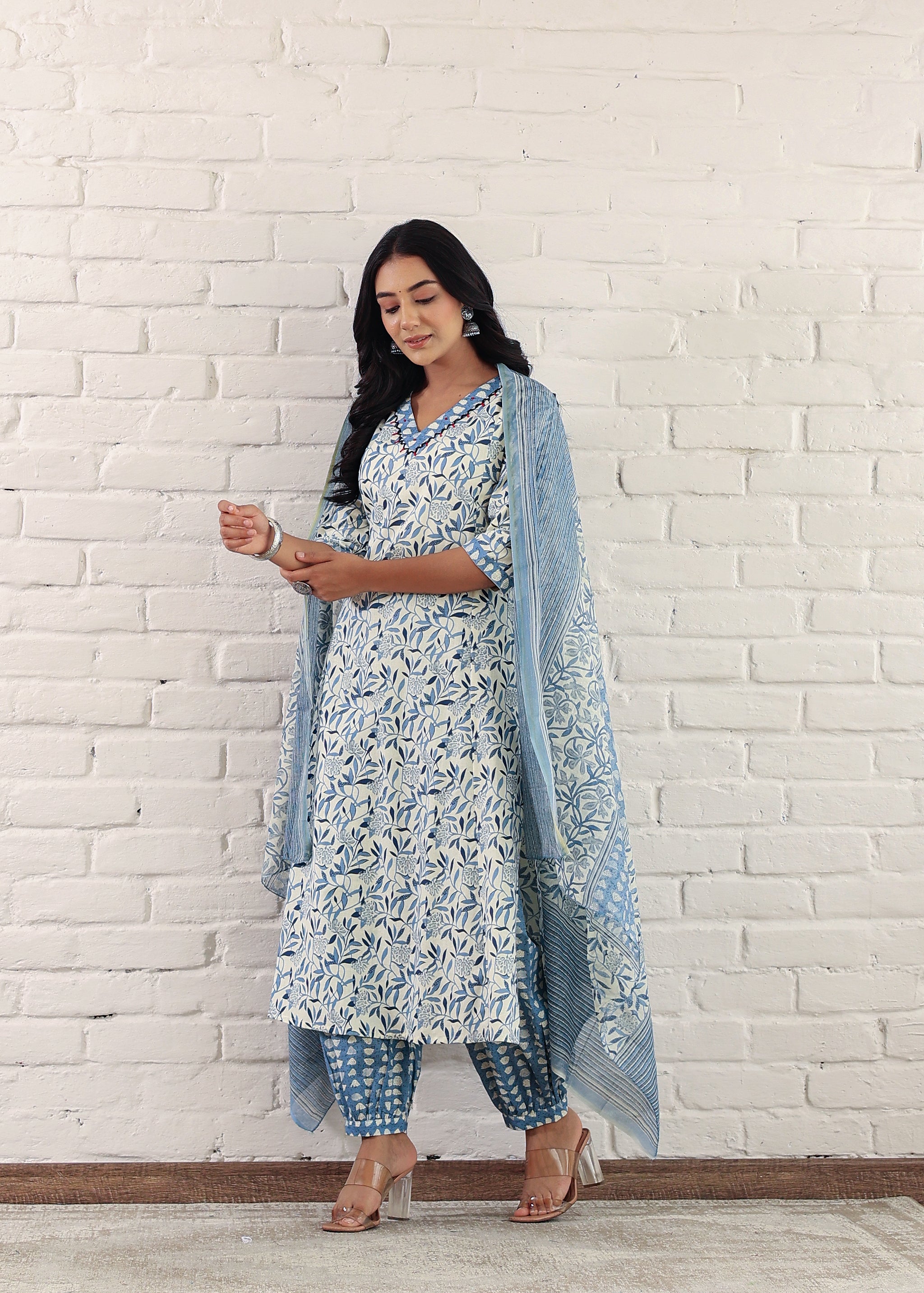 Blue Plus Size Cotton Printed Kurta Pant and Dupatta Set