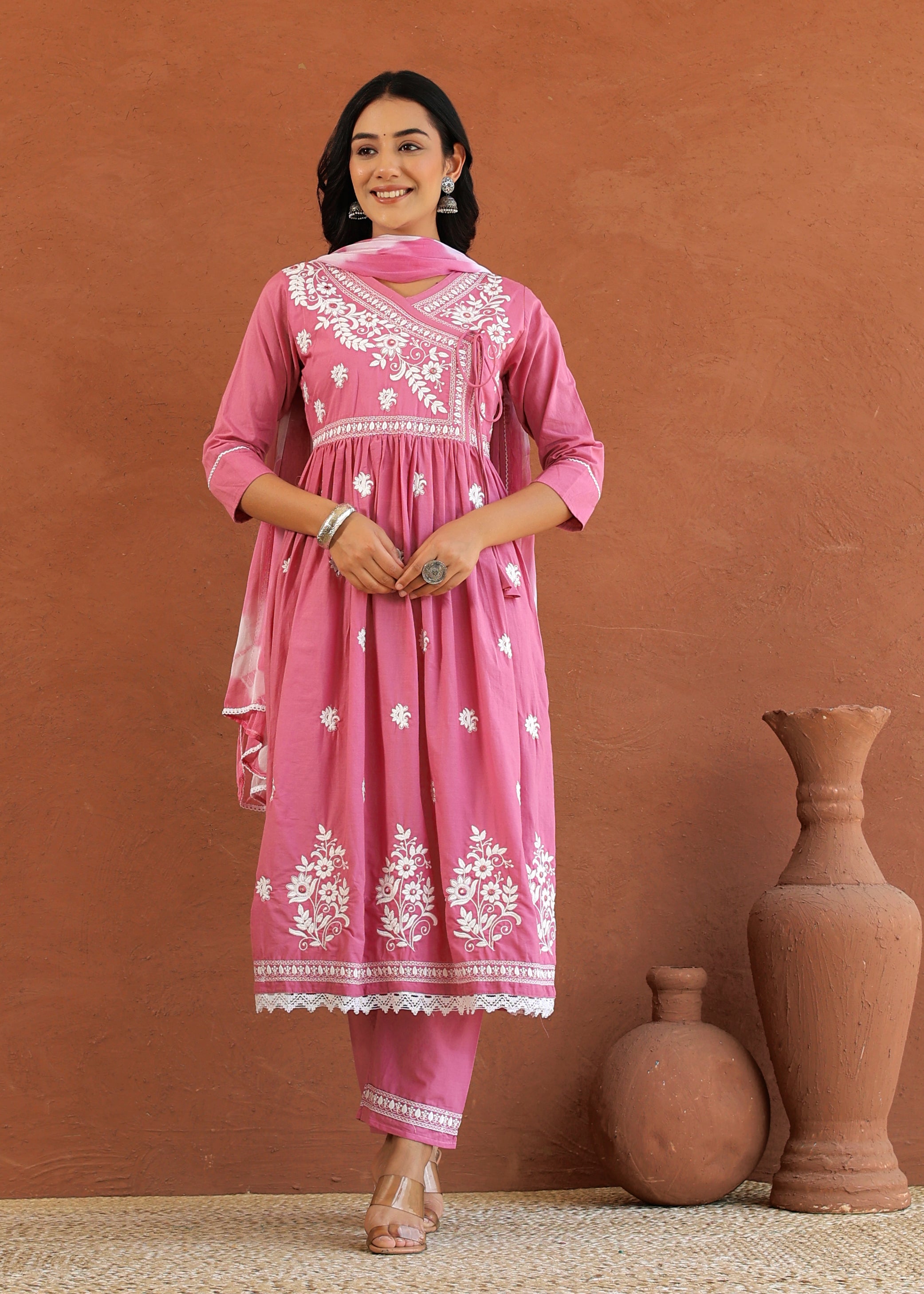Pink Cotton Embroidered Angrakha Kurta Set