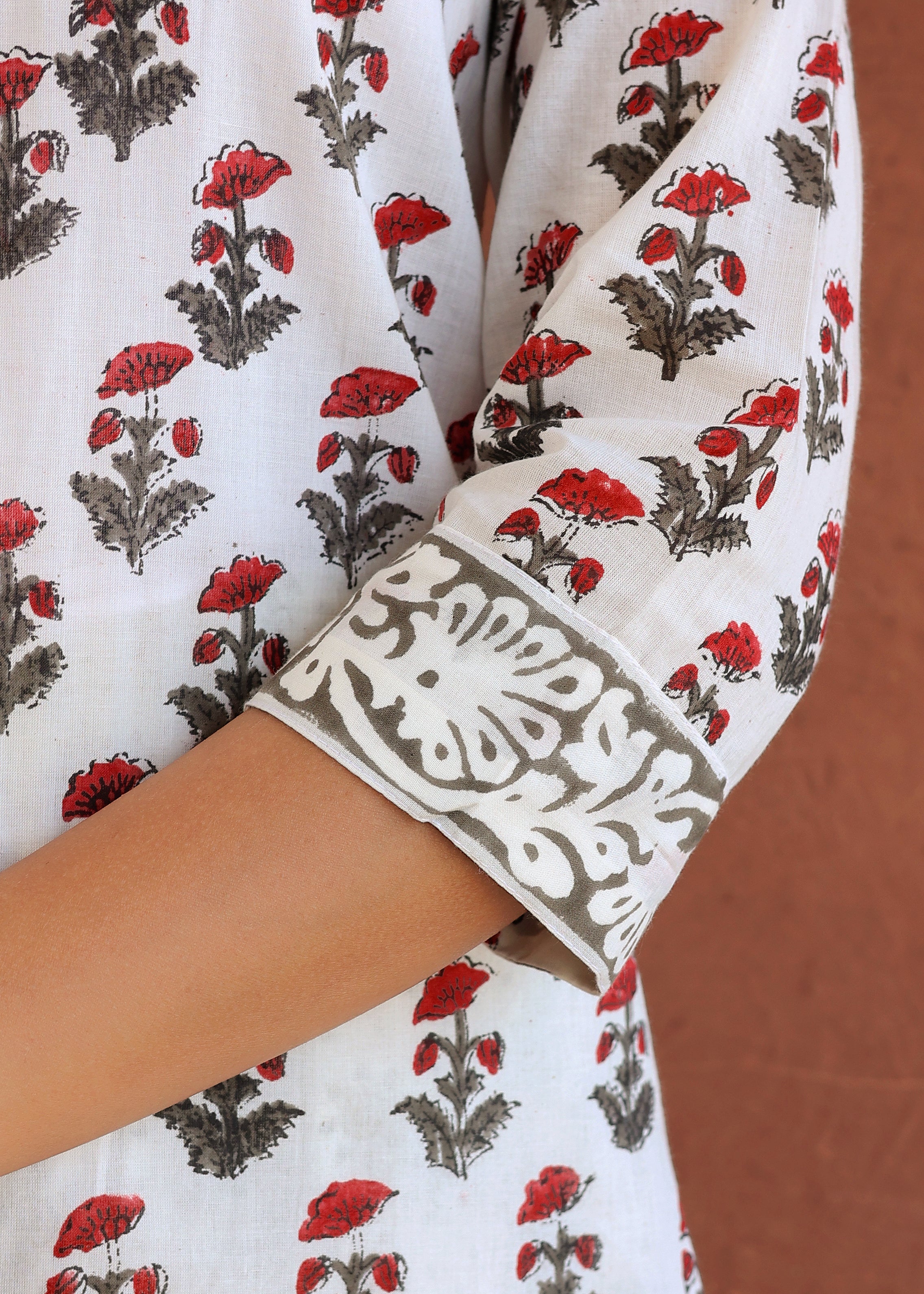 White Floral Cotton Hand Block Printed Kurta Set With Duptta