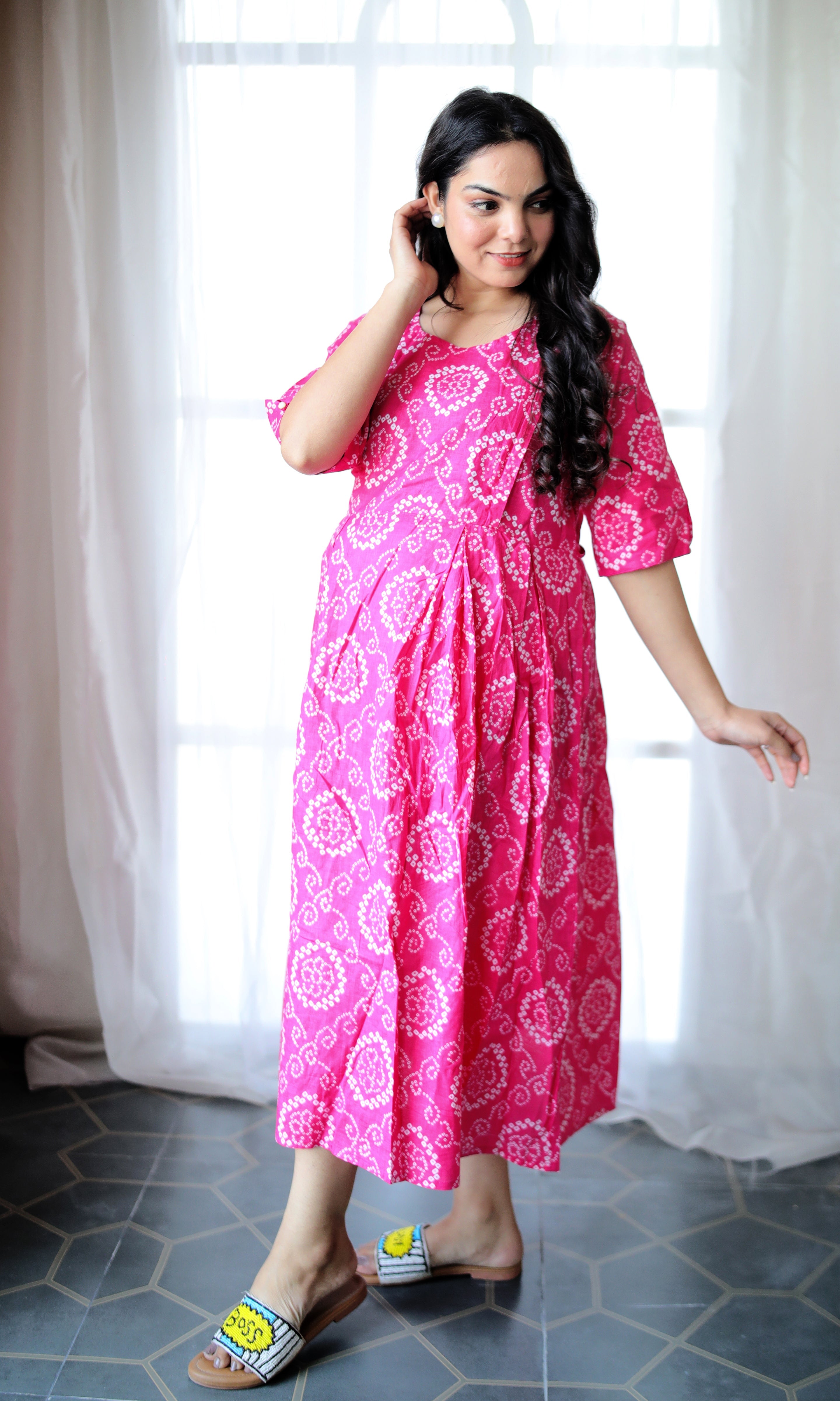 Pink Cotton Printed Maternity Dress With Twin Zipper