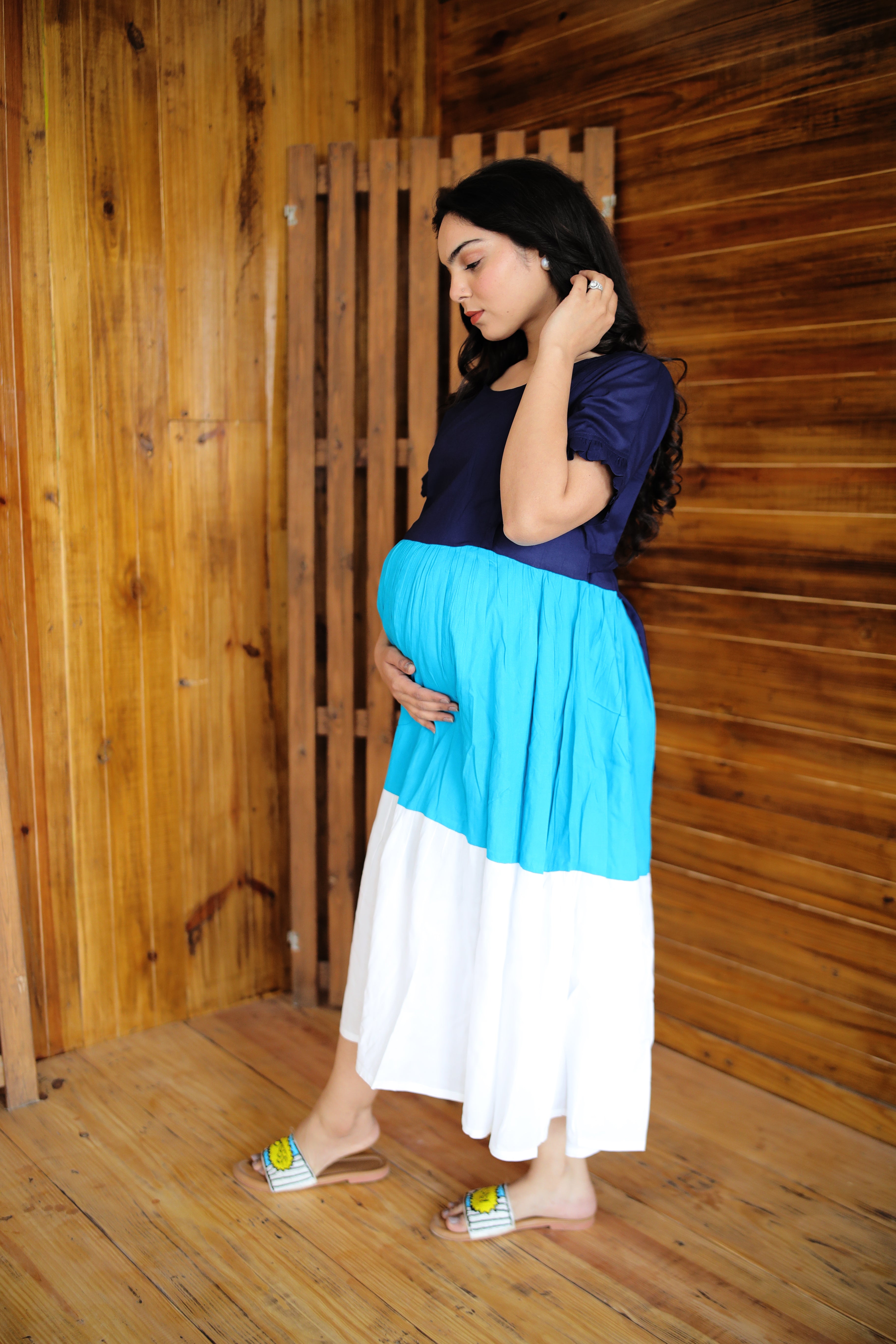 Multicolour Rayon  Maternity Dress With Twin Zipper