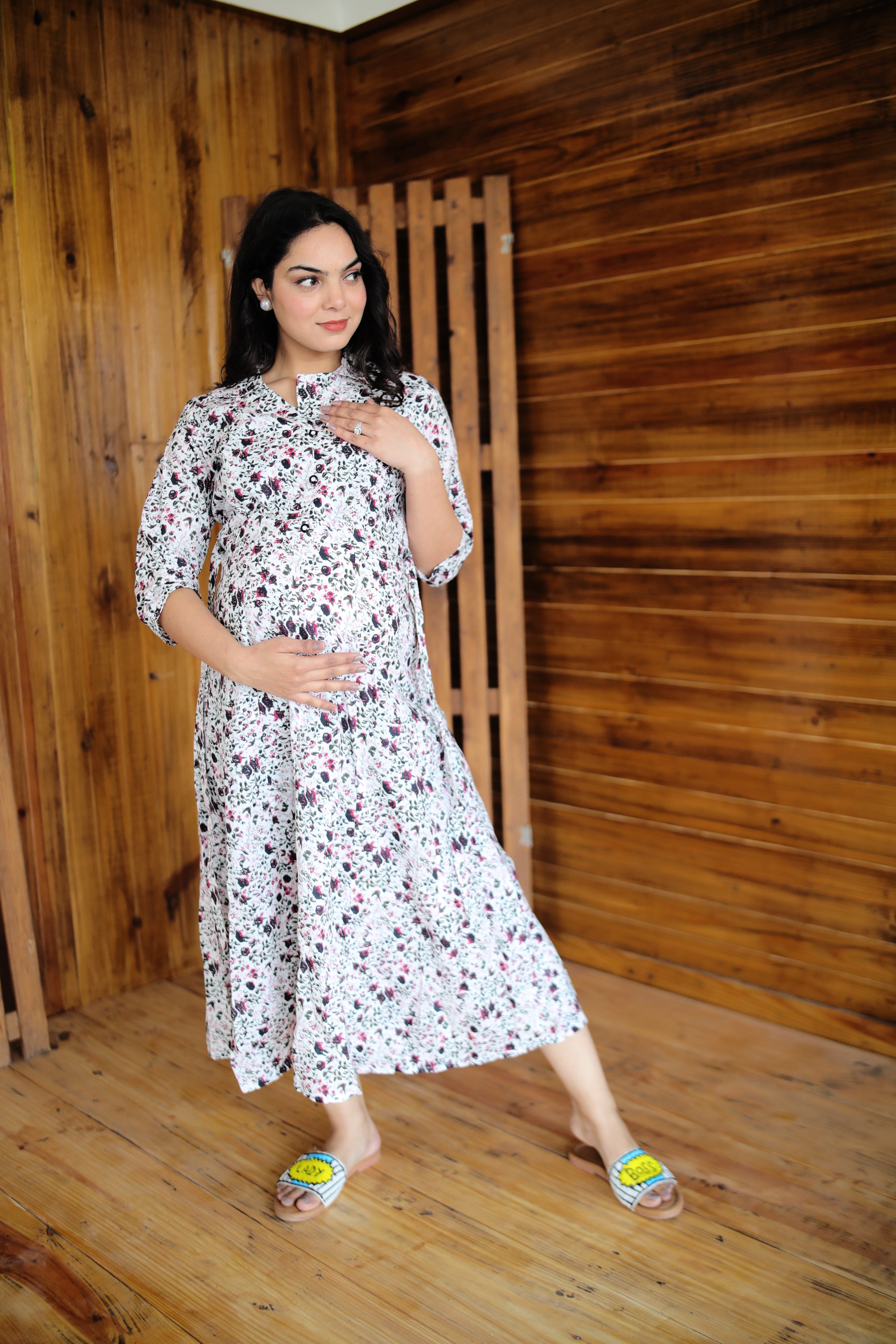 White Cotton Floral Maternity Dress With Twin Zipper