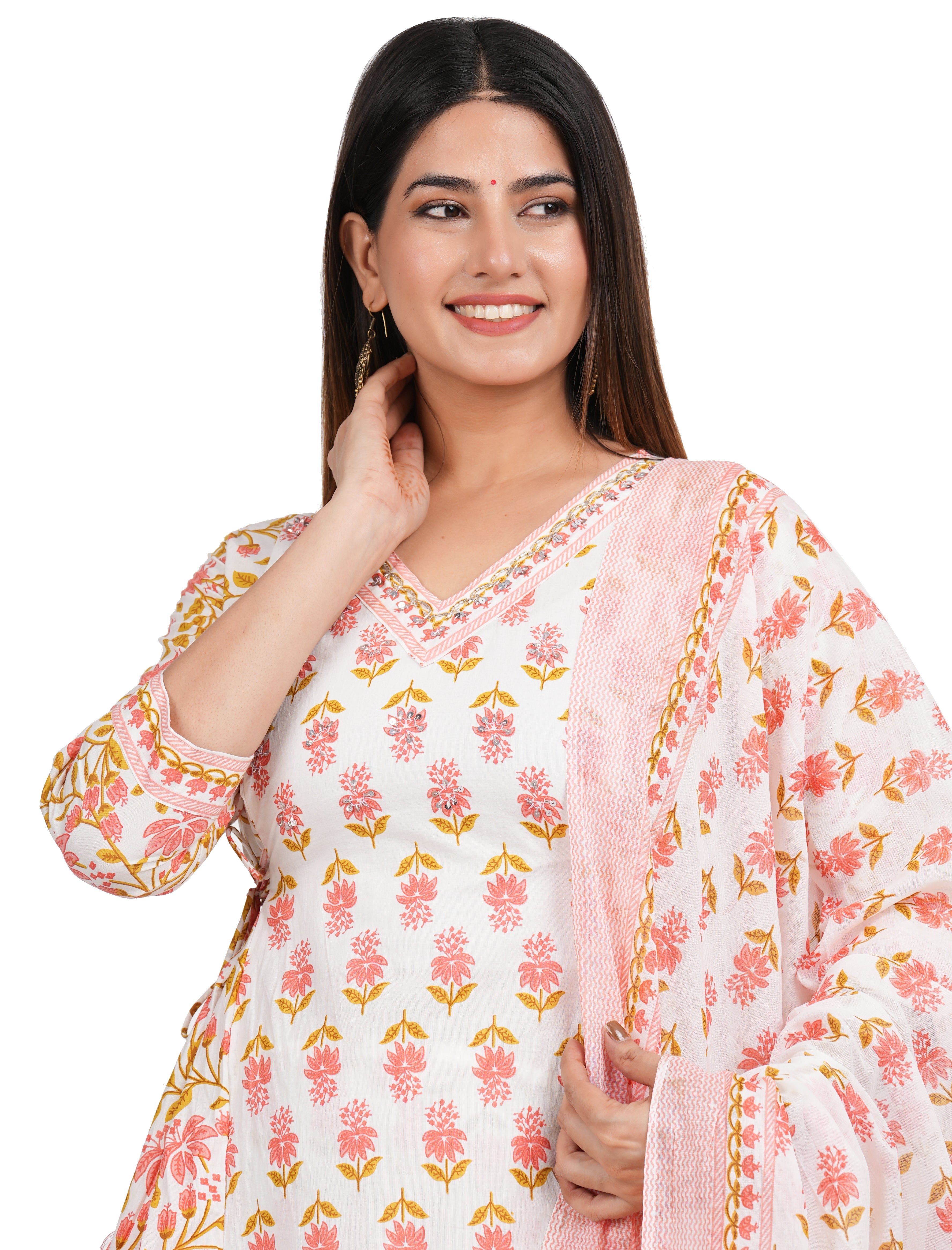 White Floral Print Cotton Suit With Afghani Pant