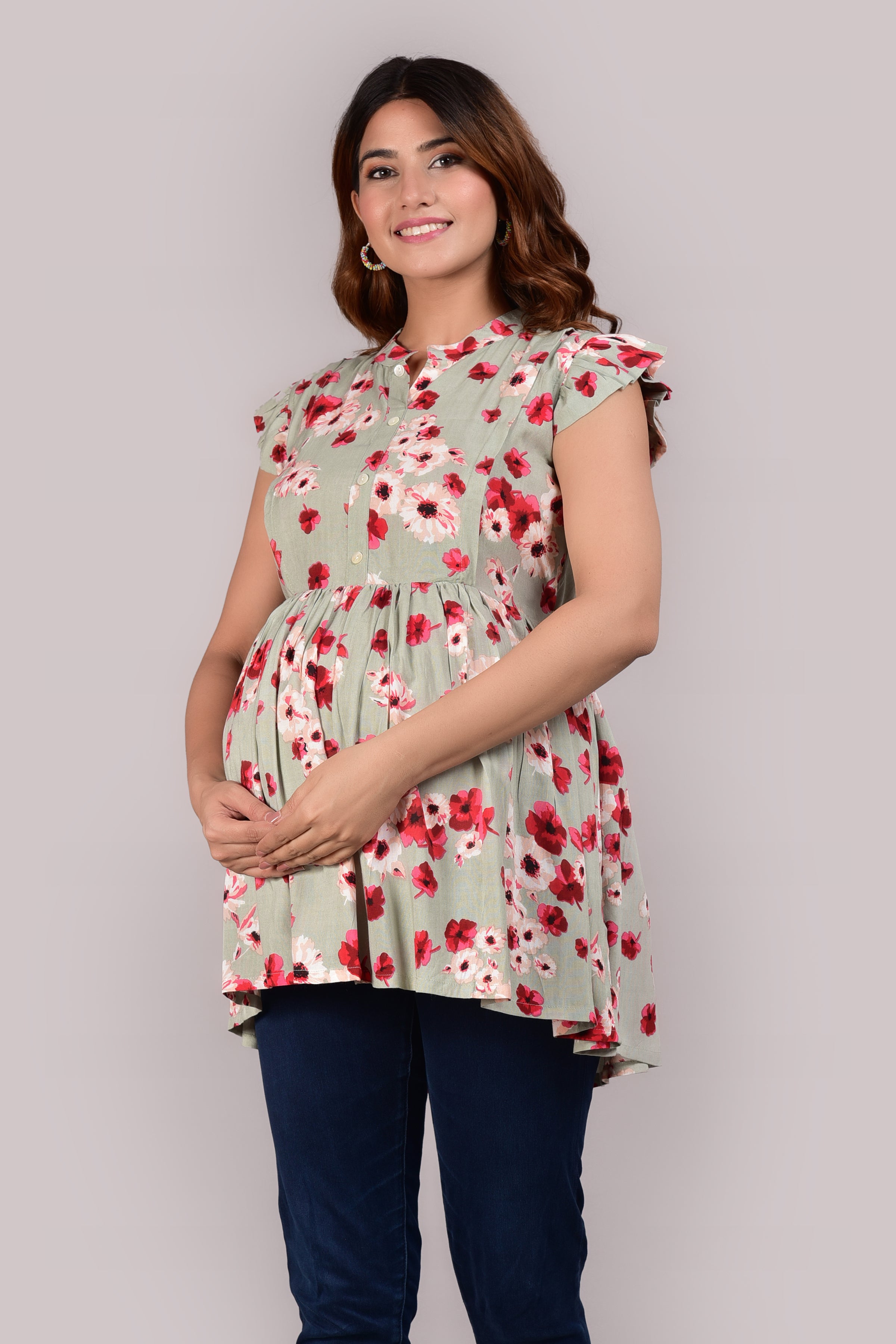 Floral Print Rayon Maternity Top with Twin Zipper