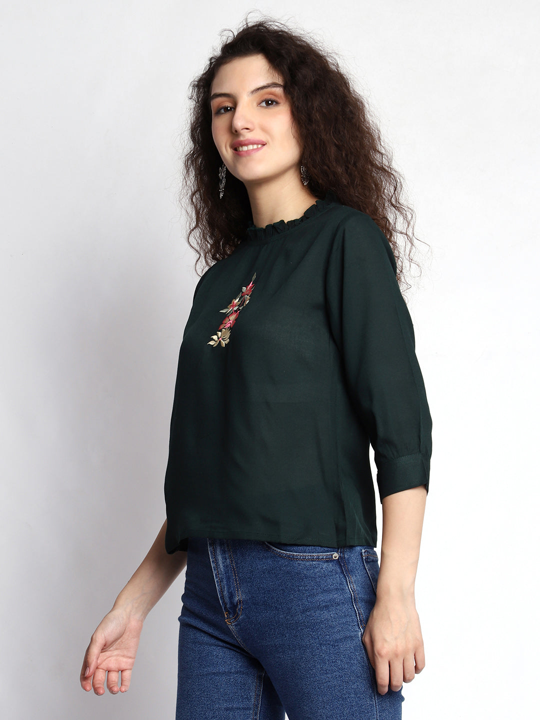 Elegant Bottle Green Embroidered Crop Top