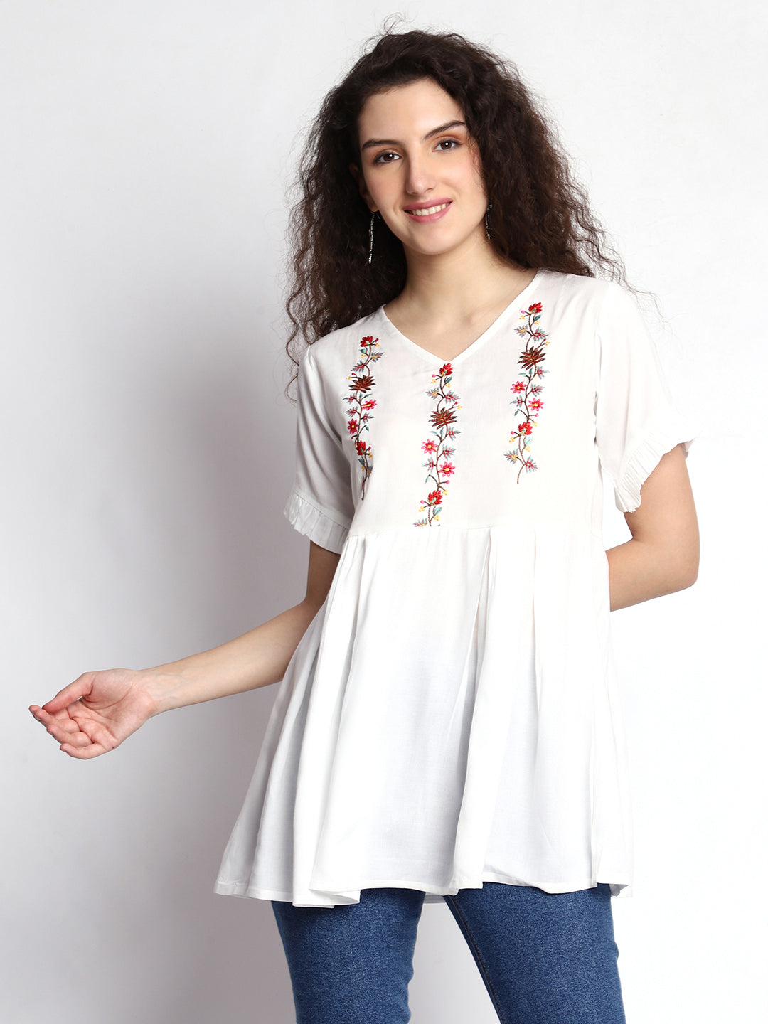 Timeless White Rayon Tunic: Embroidered