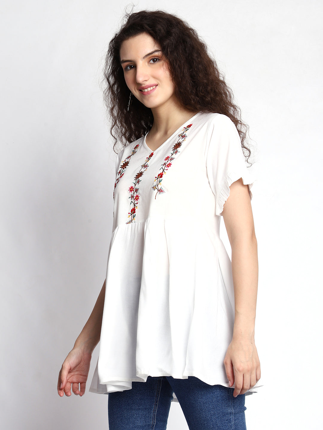 Timeless White Rayon Tunic: Embroidered