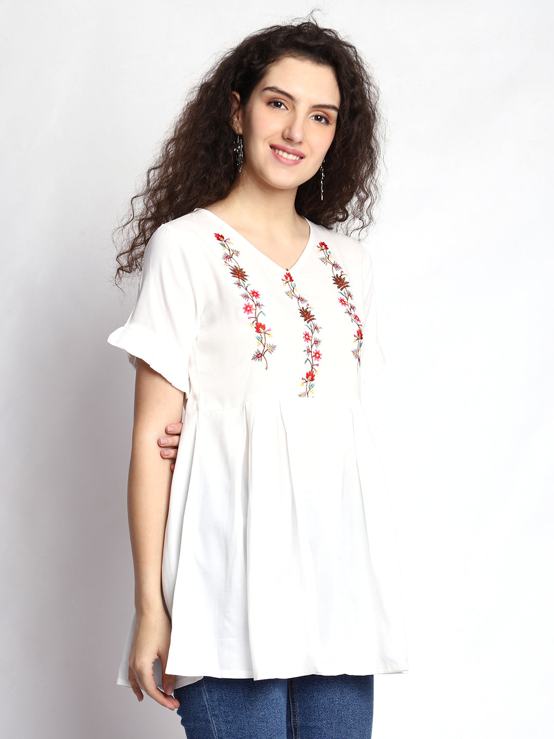 Timeless White Rayon Tunic: Embroidered