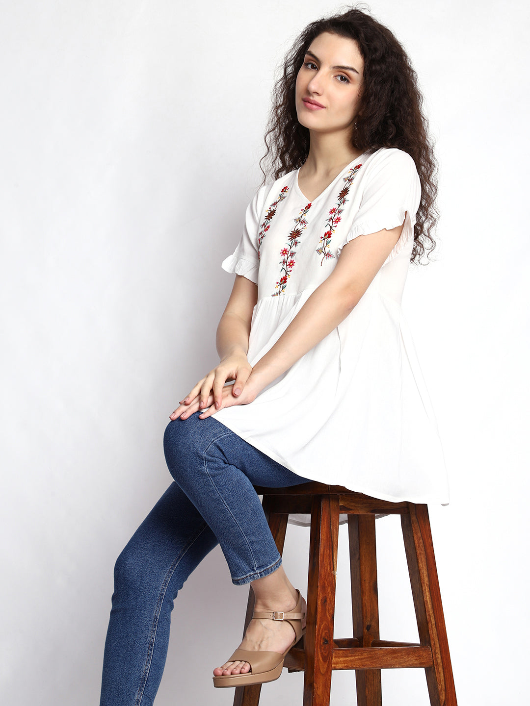 Timeless White Rayon Tunic: Embroidered