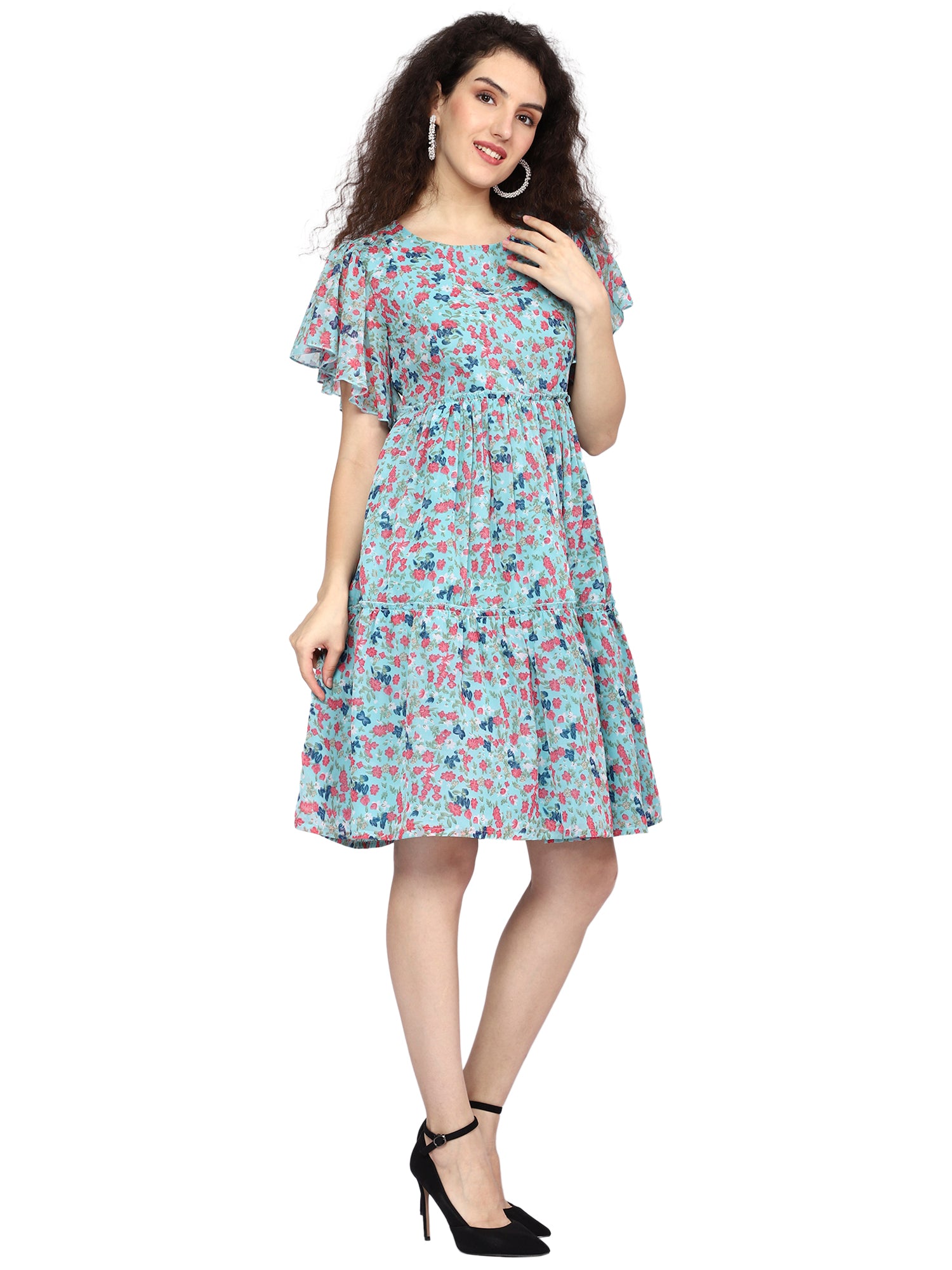 Elegant Floral Print Georgette Dress with Flared Sleeves