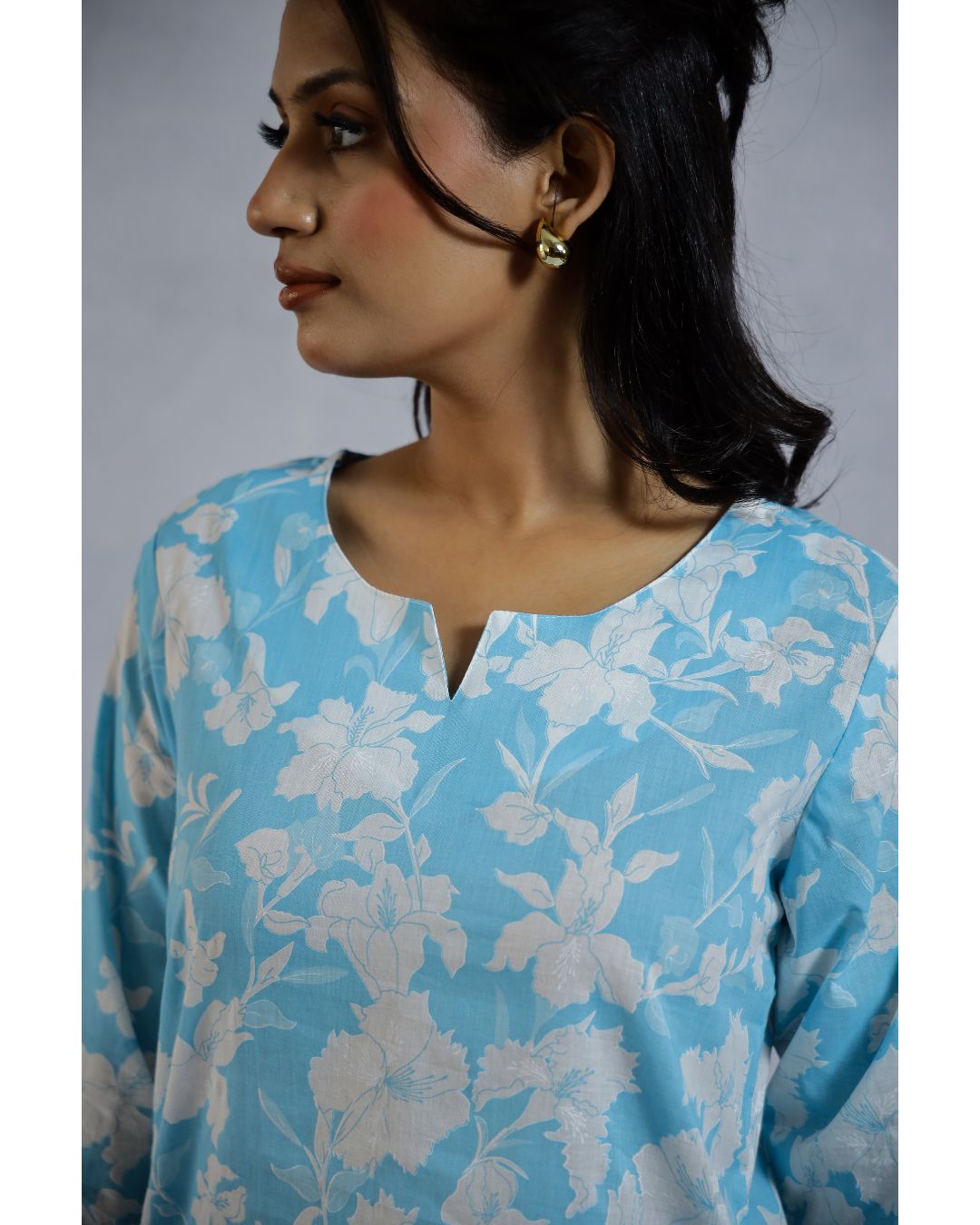 Plus size Blue Floral Printed Cotton Loungewear set