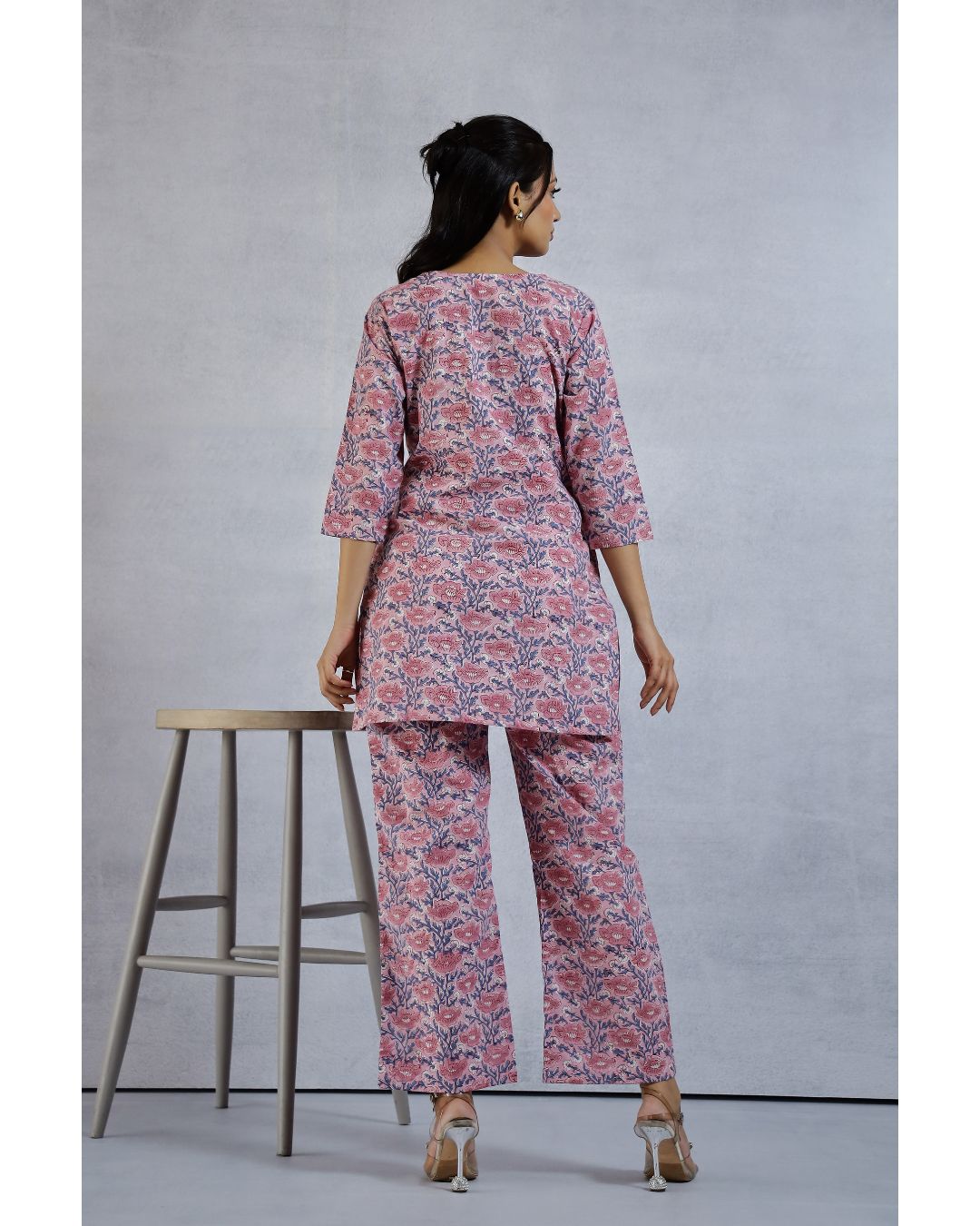 Plus size Pink and Blue Flower Handblock Print Loungewear Set