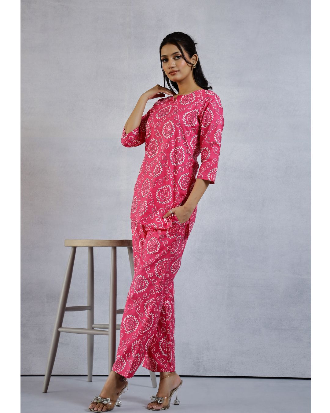 plus size Dark Pink Floral printed cotton Loungewear set