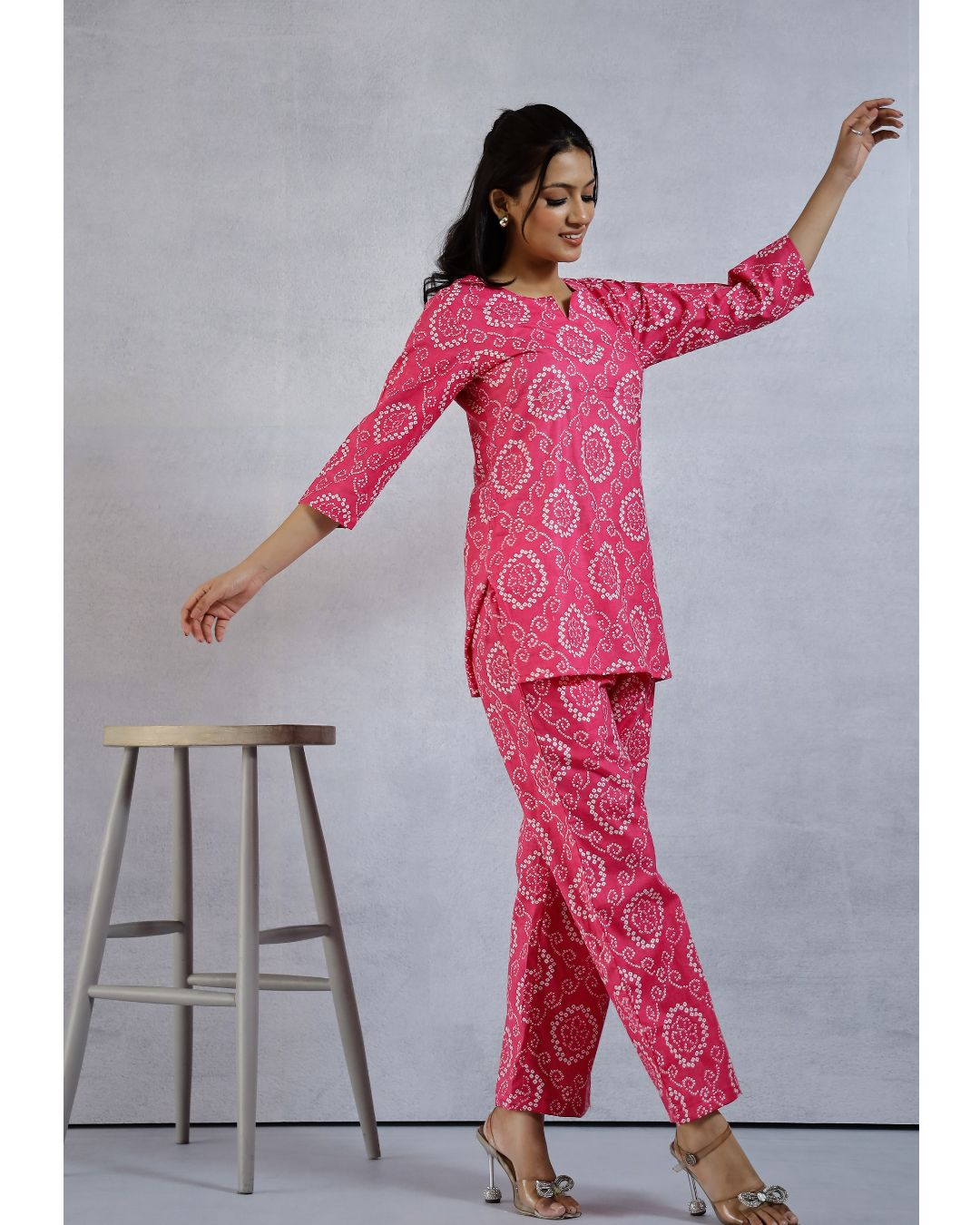 plus size Dark Pink Floral printed cotton Loungewear set