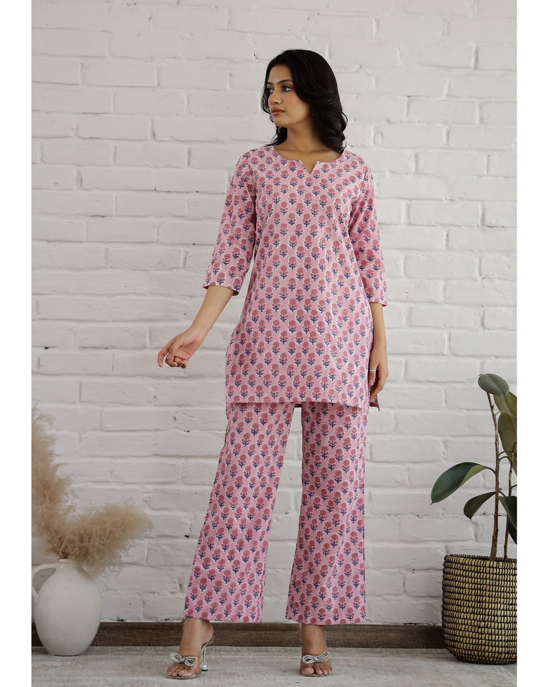 Plus size Pink Handblock Printed Loungewear set