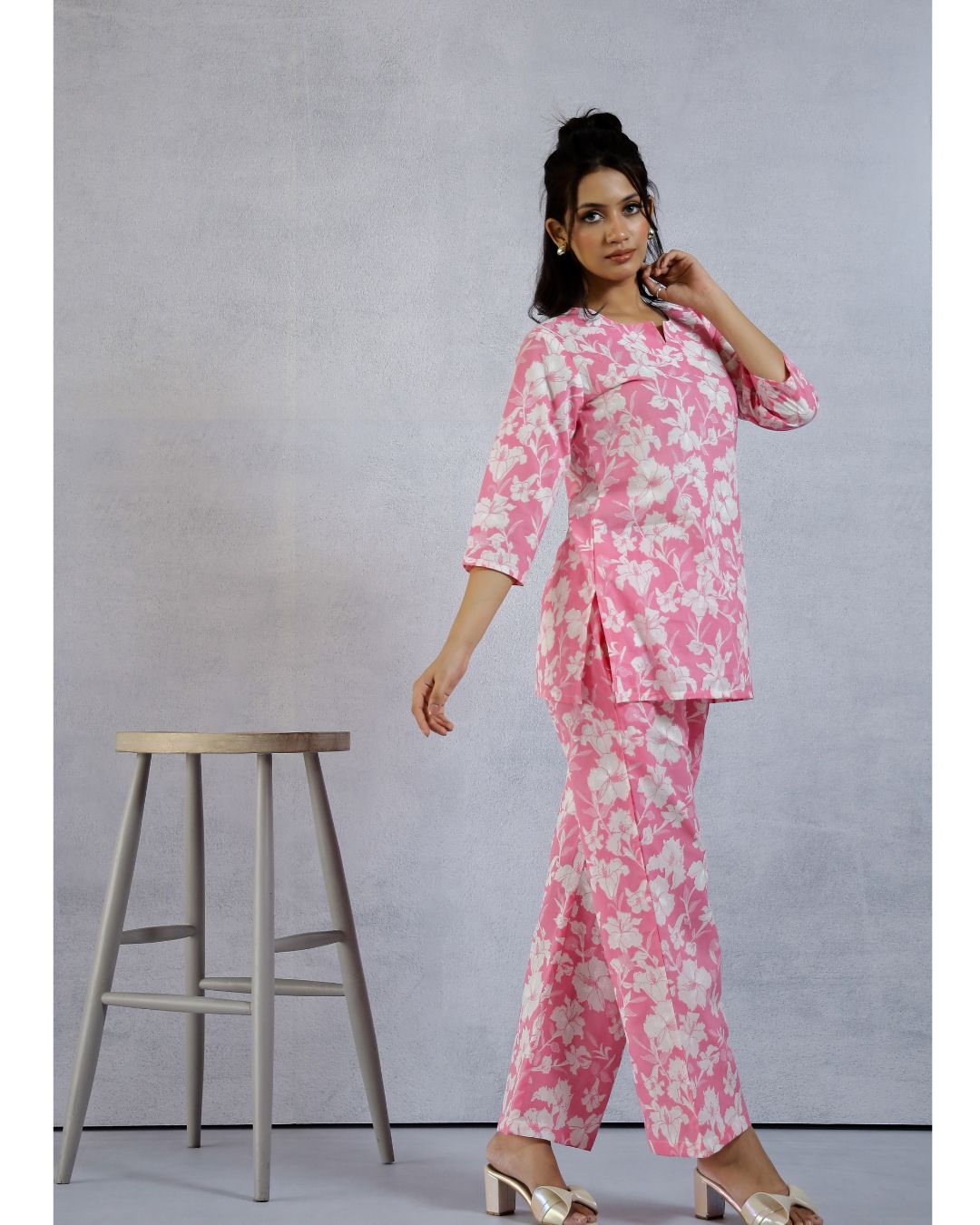 Plus size Pink Floral Printed Cotton Loungewear set