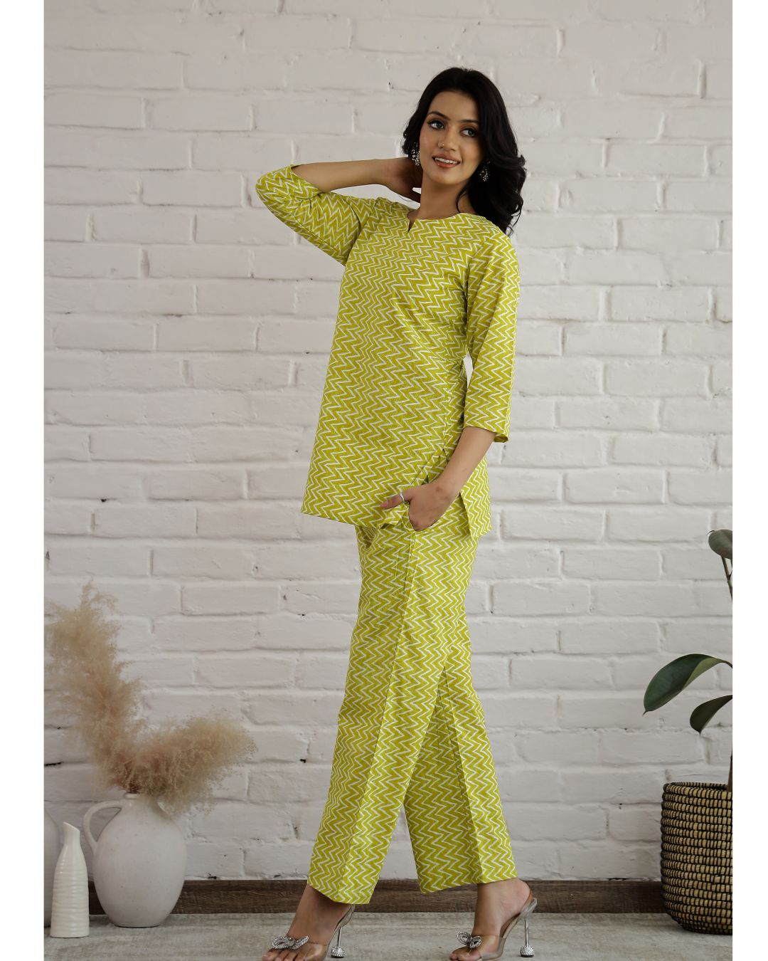 plus size Green Cotton Chevron Print Loungewear set