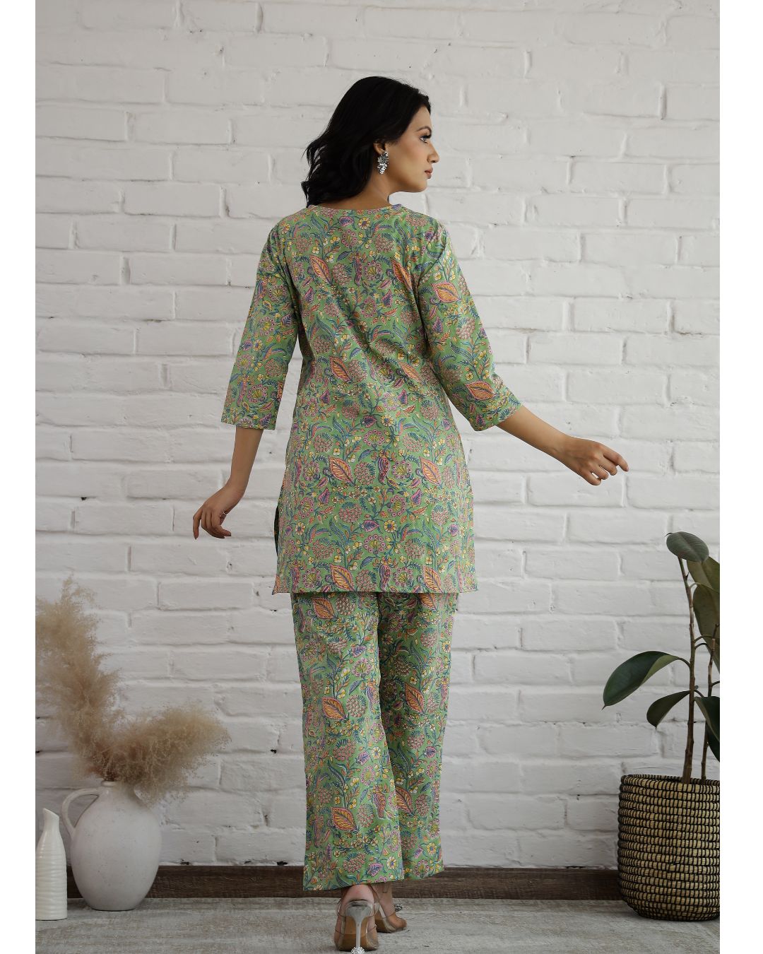 Plus size Green Floral Handblock Print Loungewear set