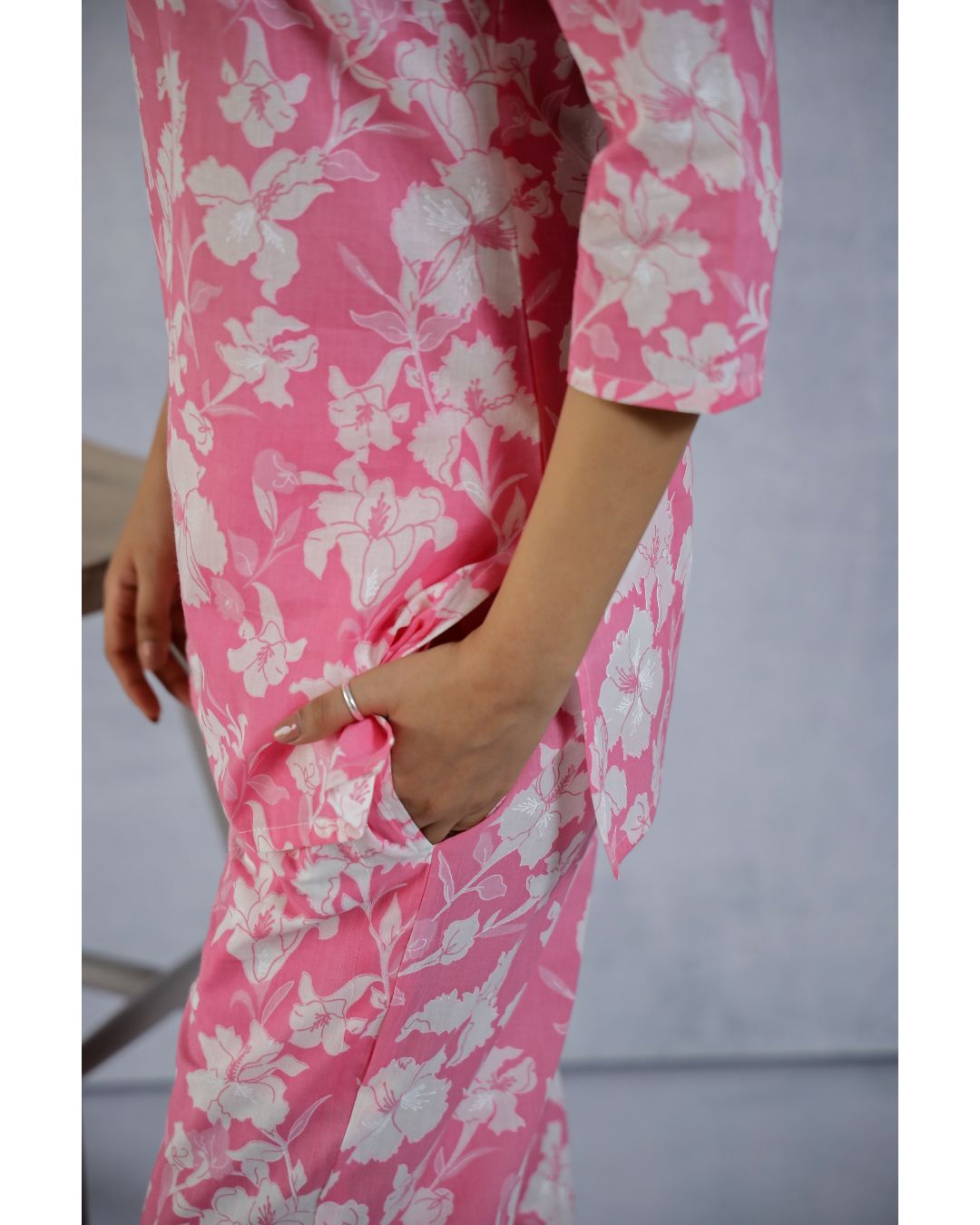 Plus size Pink Floral Printed Cotton Loungewear set