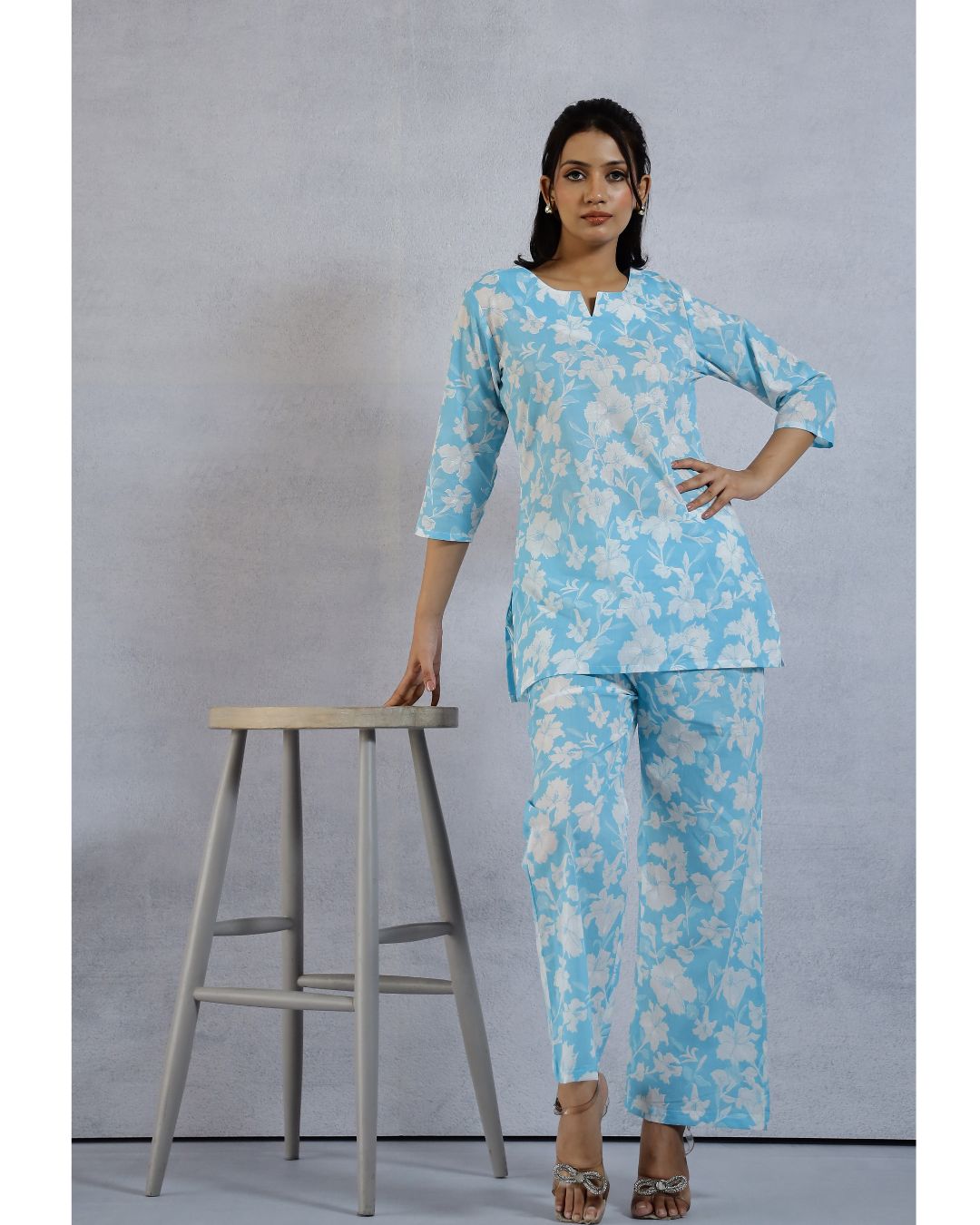 Blue Floral Printed Cotton Loungewear set