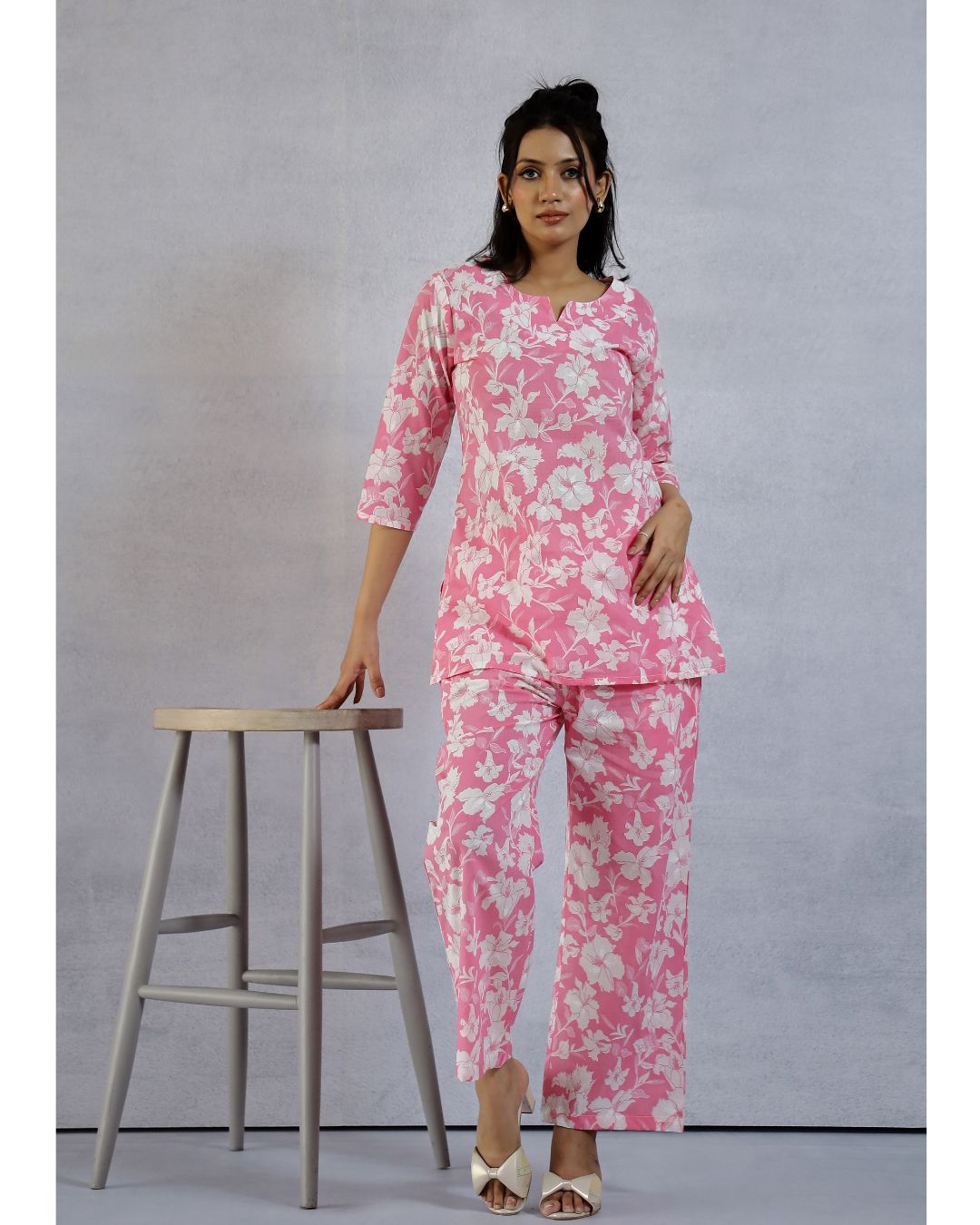 Pink Floral Printed Cotton Loungewear set