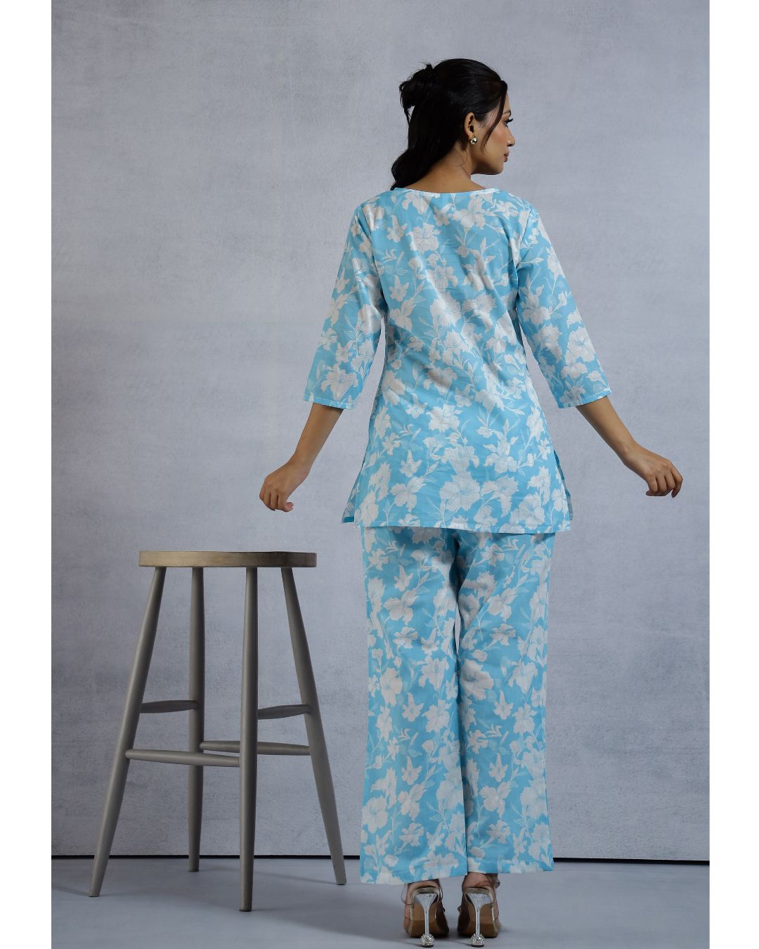 Plus size Blue Floral Printed Cotton Loungewear set