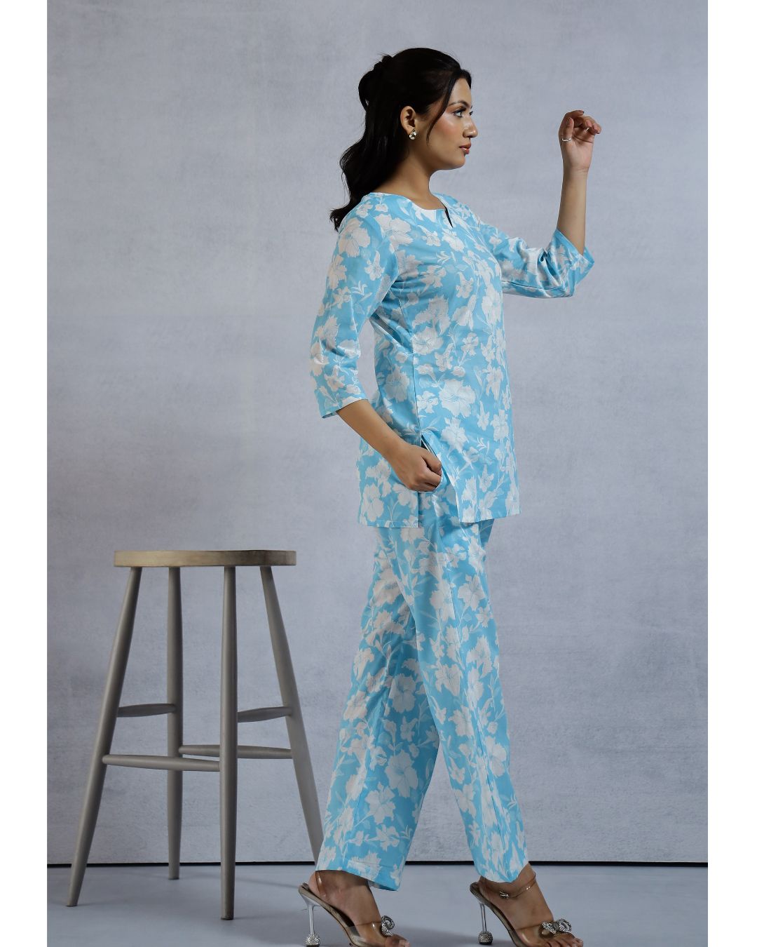 Plus size Blue Floral Printed Cotton Loungewear set