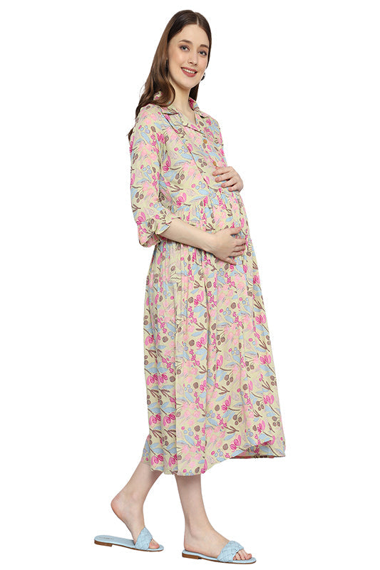 Stylish Rayon Cuban Collar Midi Maternity Dress