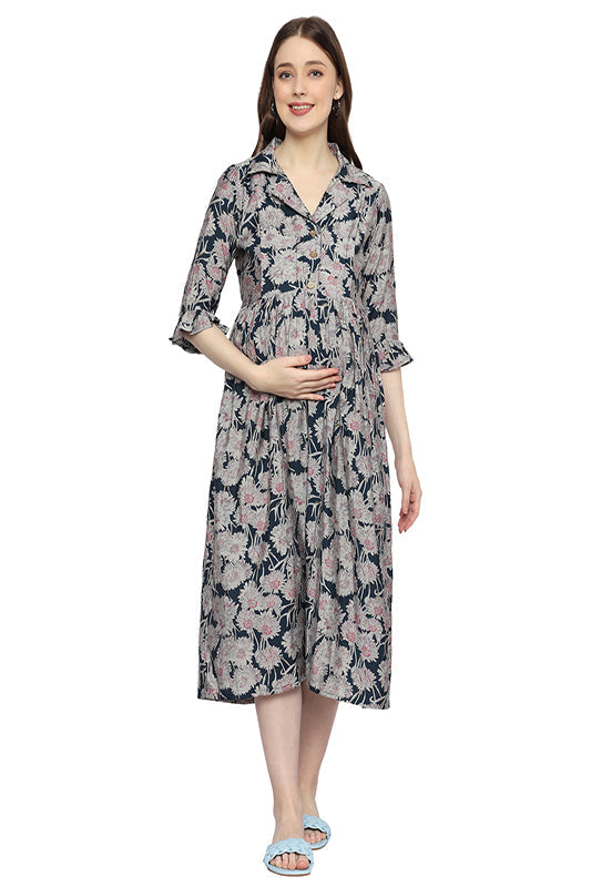 Plus size Stylish Cuban Collar Maternity Dress in Modal Fabric