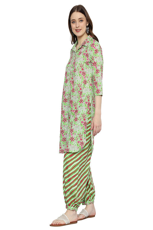 Plus Size Green Printed Rayon Ethnic Co-ord Set with V-Neck and Pockets