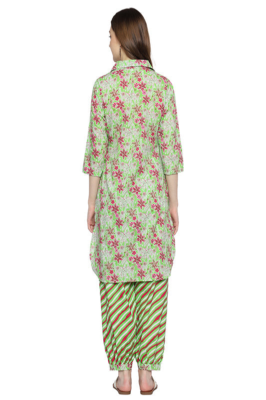 Plus Size Green Printed Rayon Ethnic Co-ord Set with V-Neck and Pockets