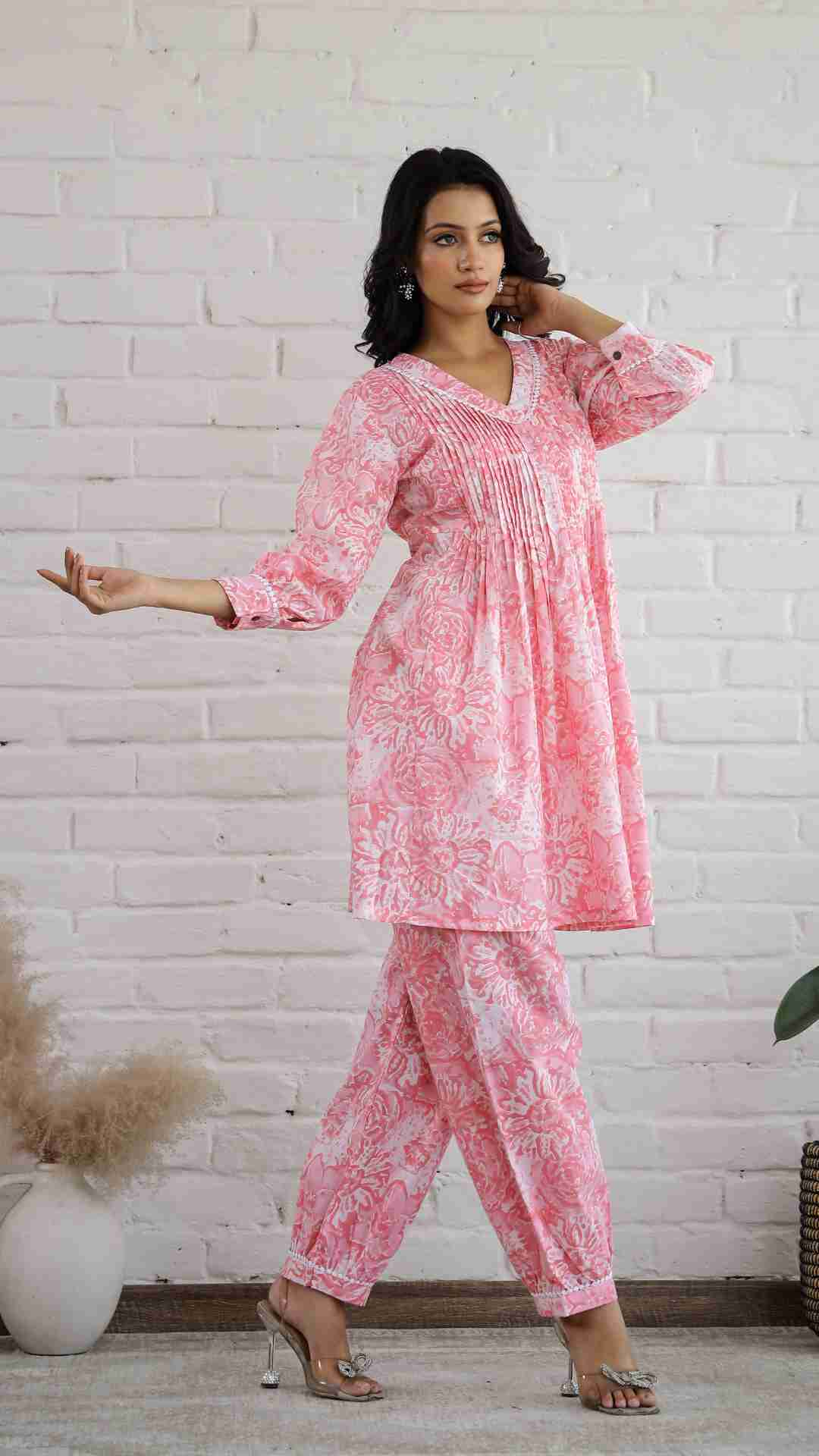 Pink handblock Print Co-ord Set with Afghani Pant