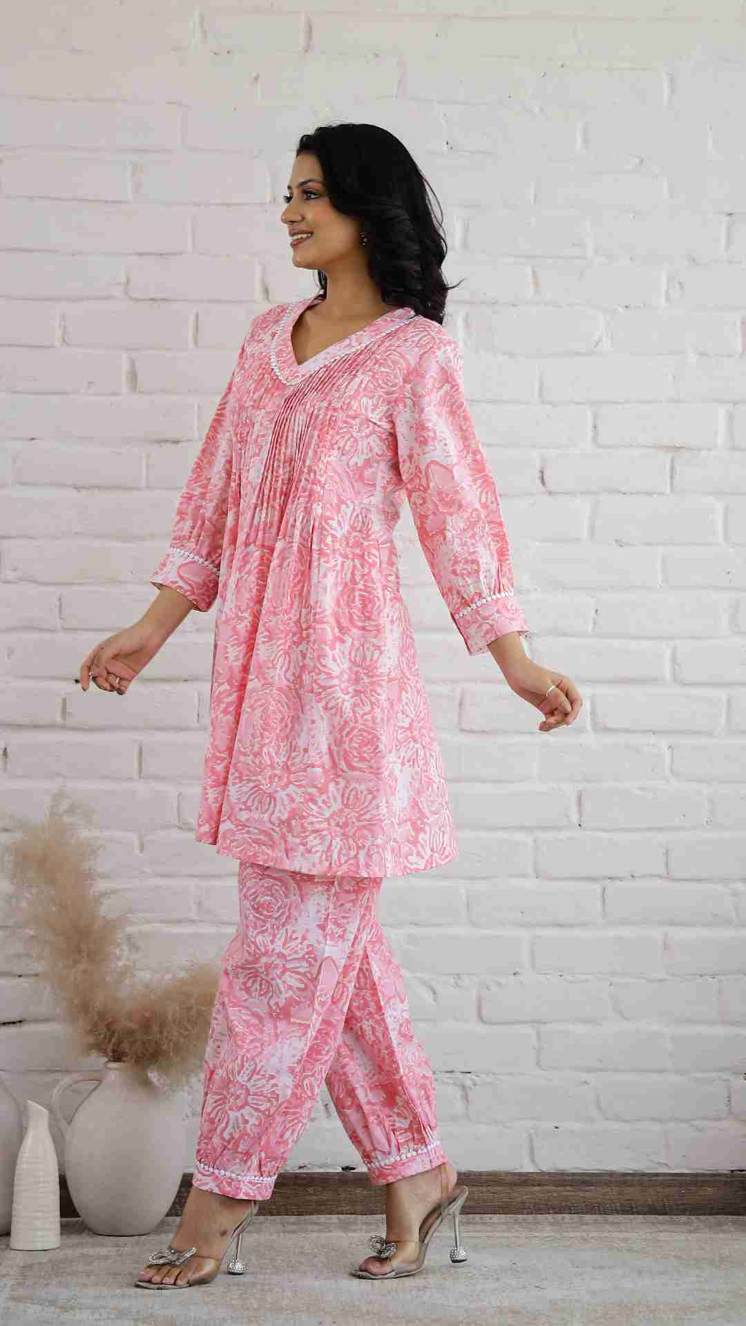 Pink handblock Print Co-ord Set with Afghani Pant