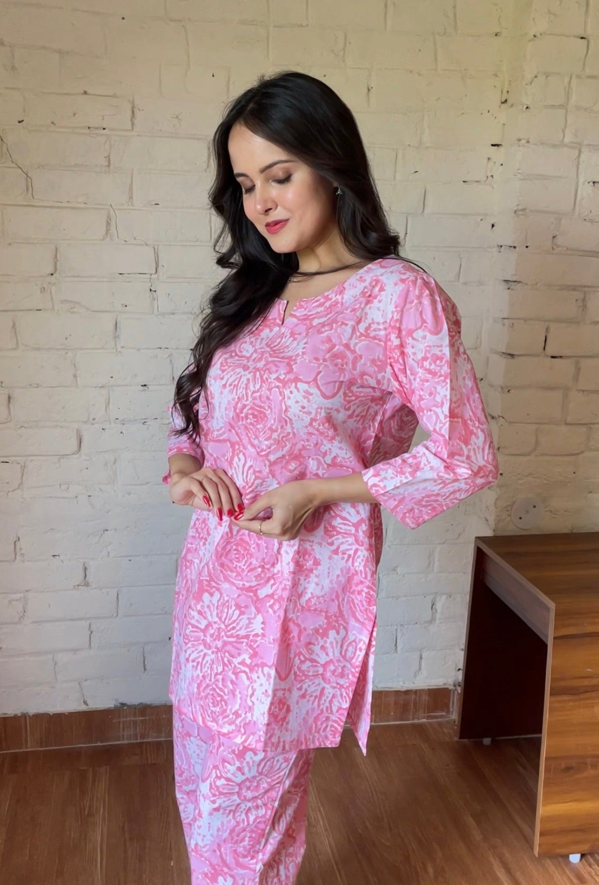 Pink and white handblock printed Loungewear top and pajama set