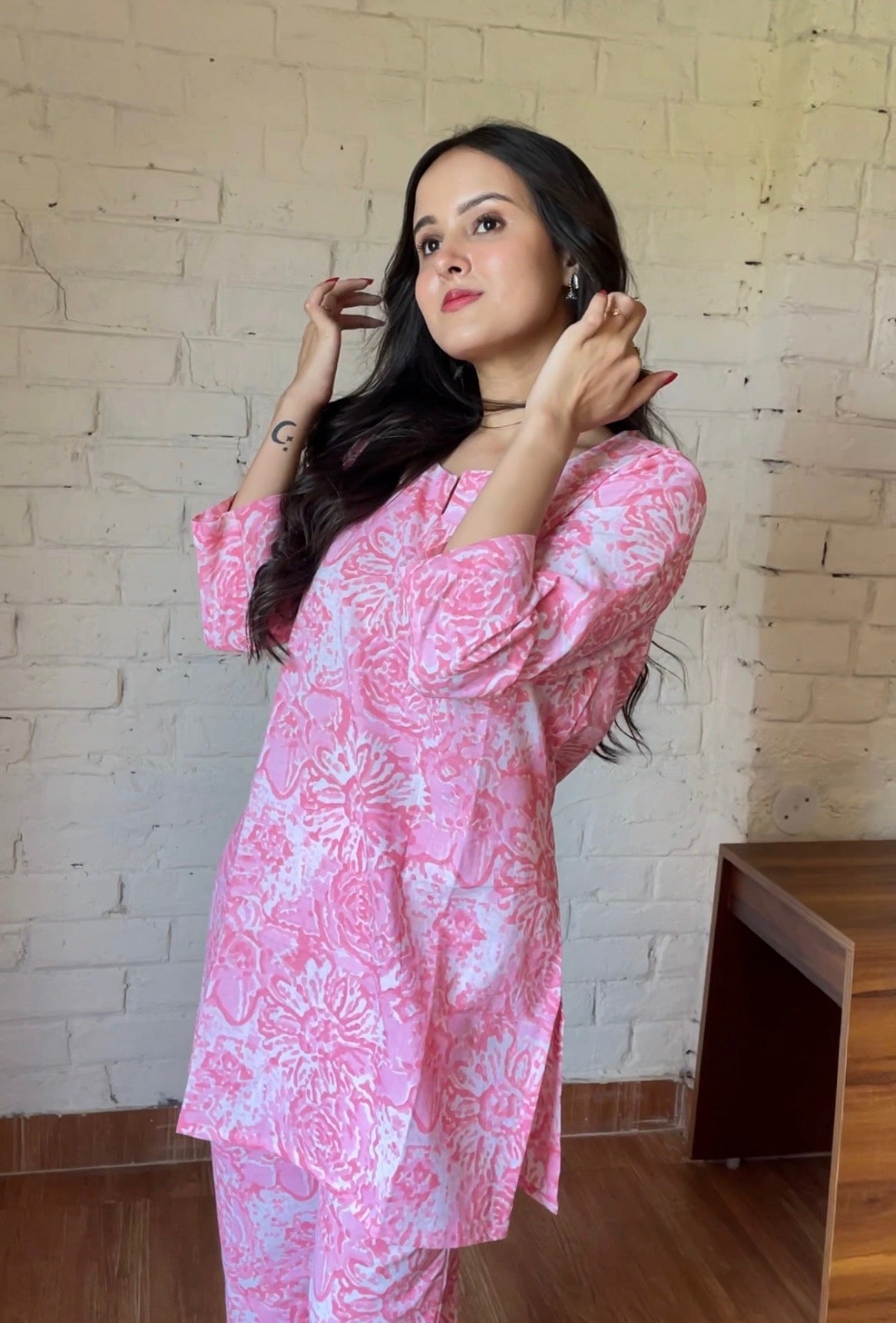 Pink and white handblock printed Loungewear top and pajama set