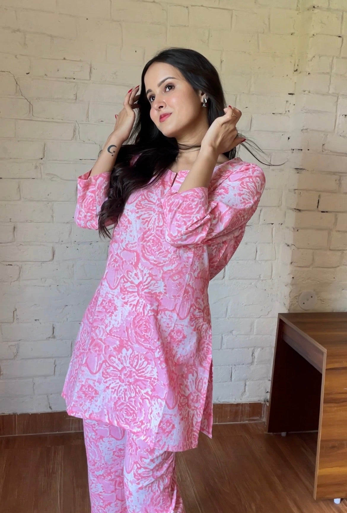 Pink and white handblock printed Loungewear top and pajama set