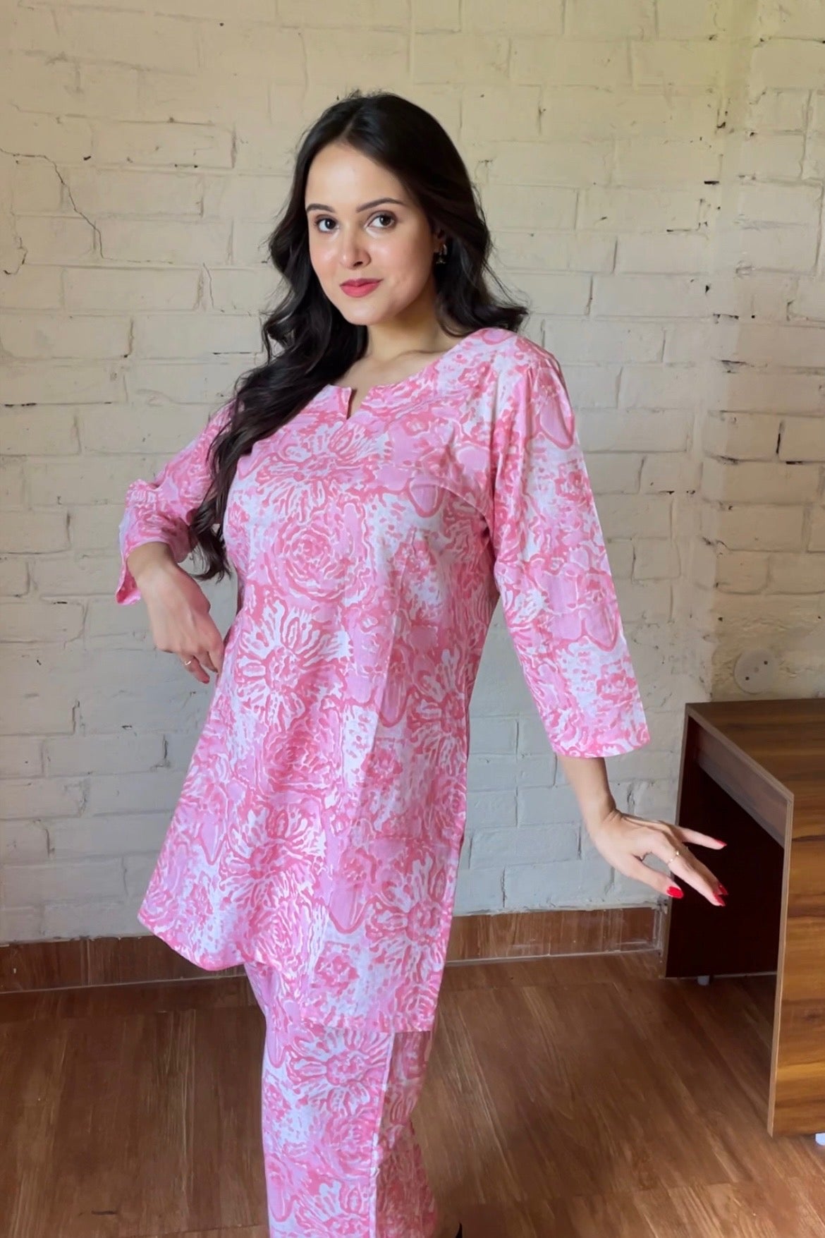 Pink and white handblock printed Loungewear top and pajama set